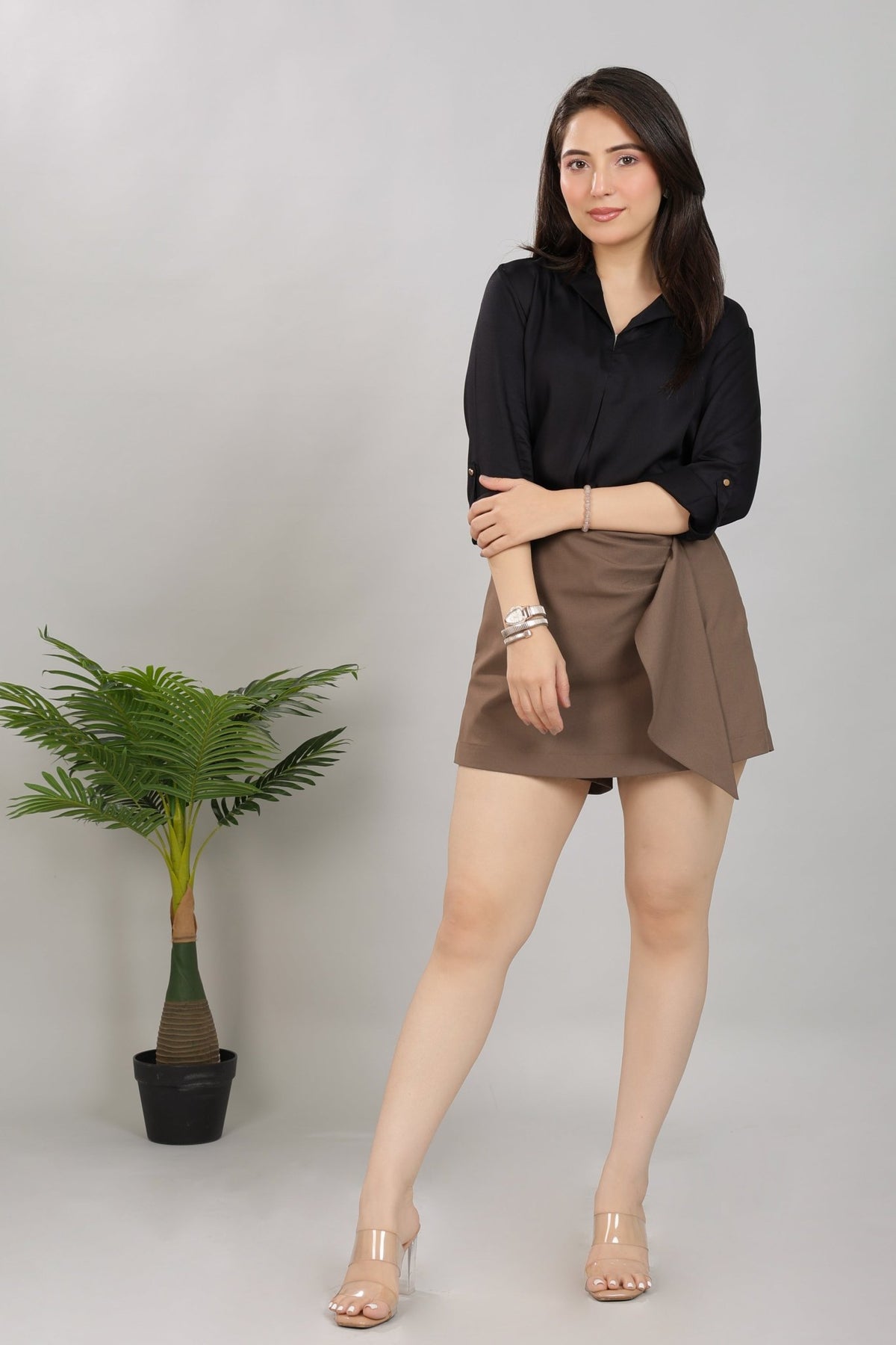 Espresso office skort with knot for women -Skorts with knot