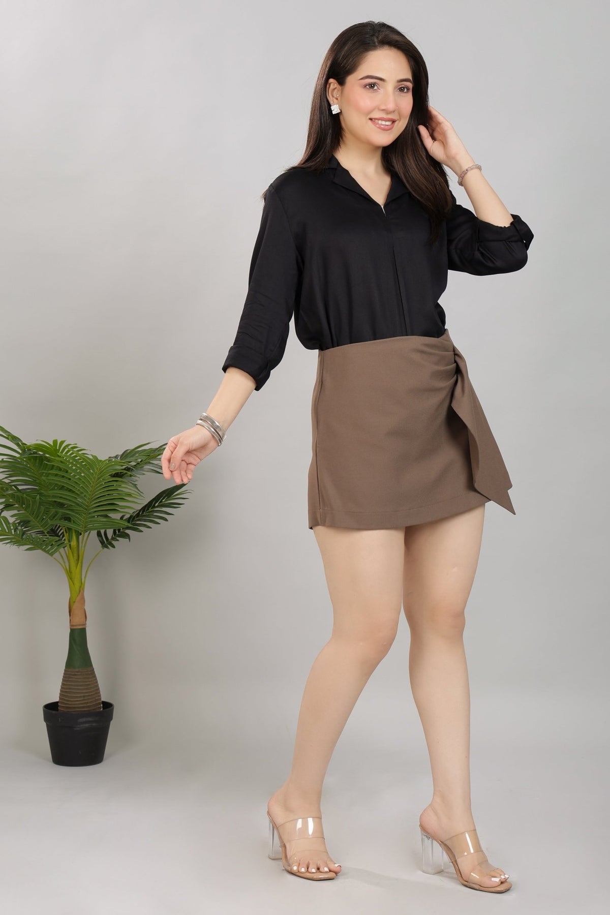 Espresso office skort with knot for women -Skorts with knot