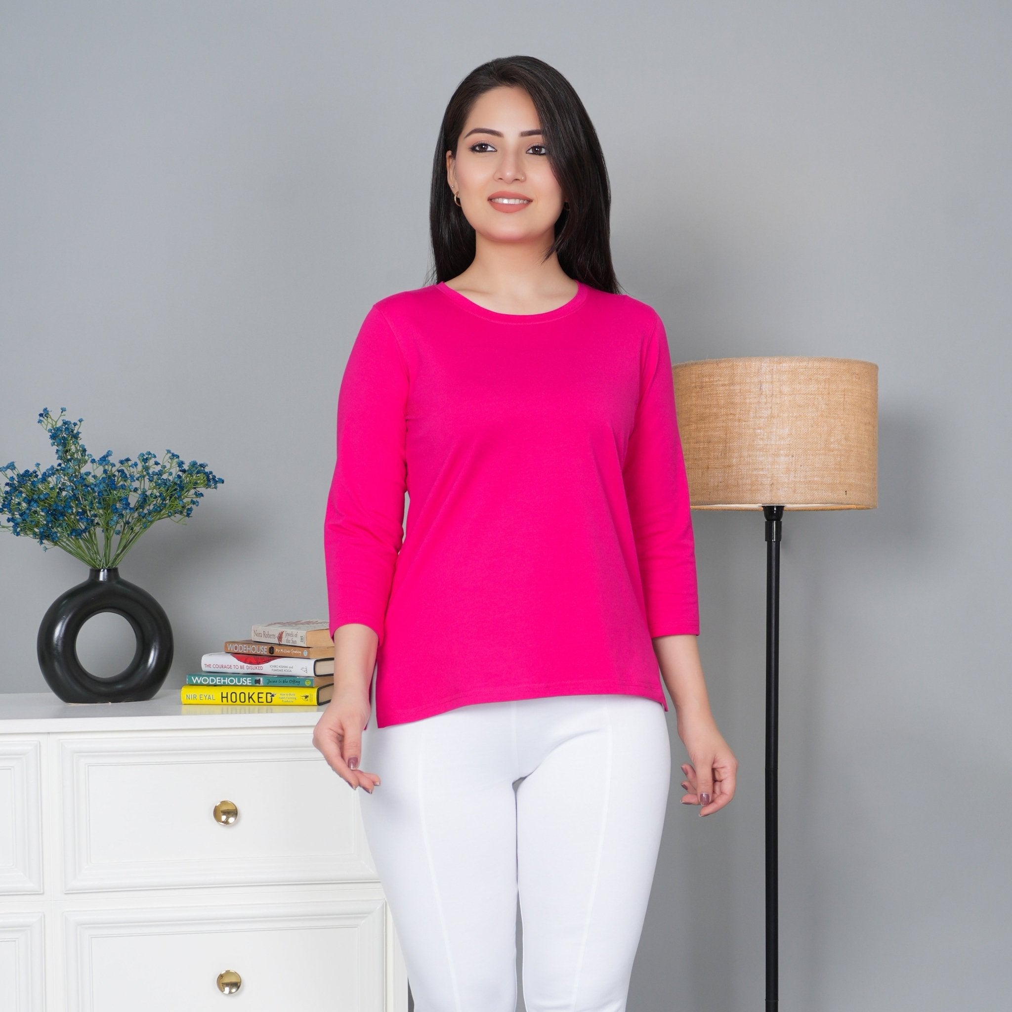 Fuchsia Round Neck Cotton Lycra 3/4 Sleeve T Shirt - Cotton t shirt