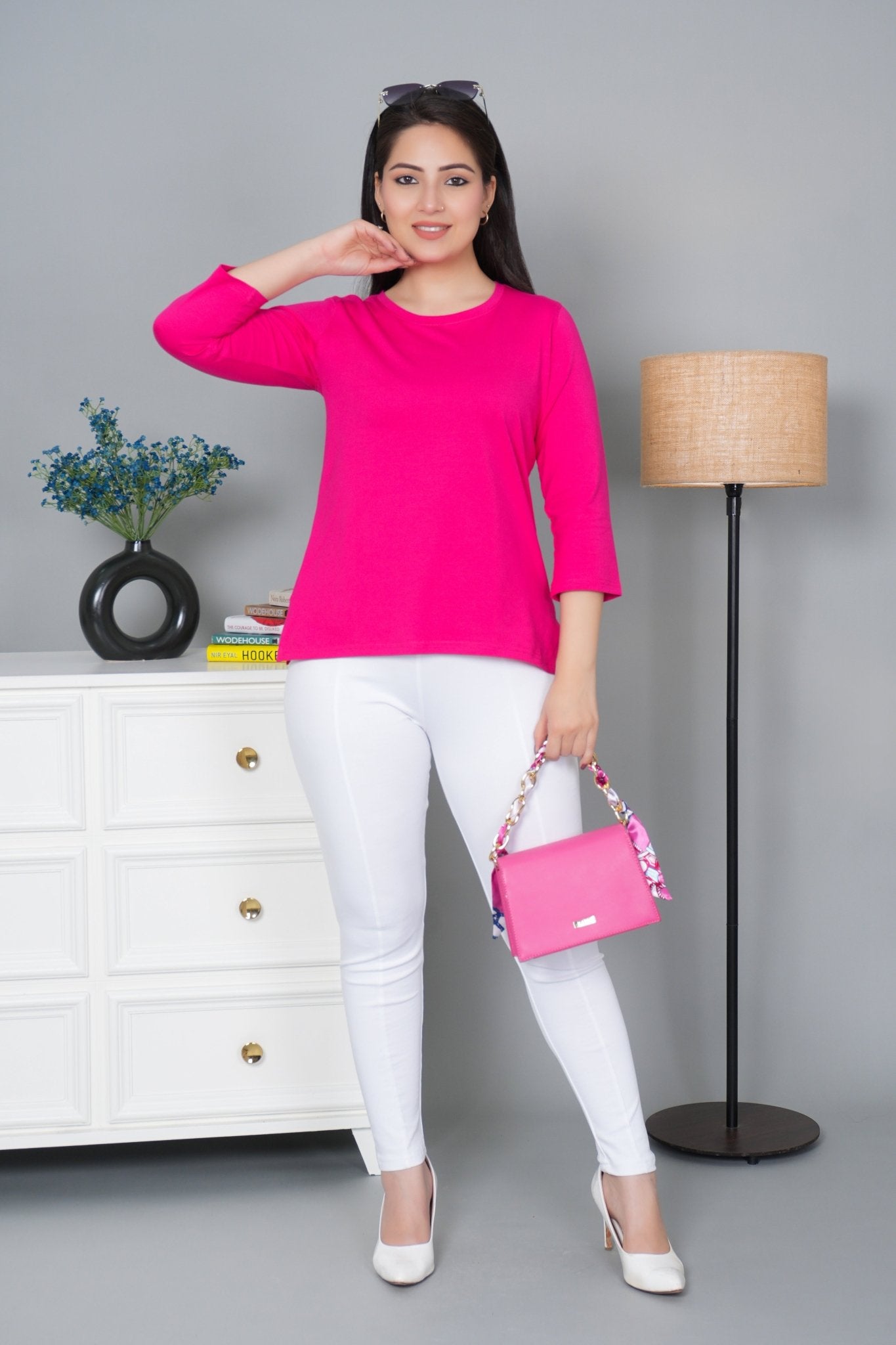 Fuchsia Round Neck Cotton Lycra 3/4 Sleeve T Shirt - Cotton t shirt