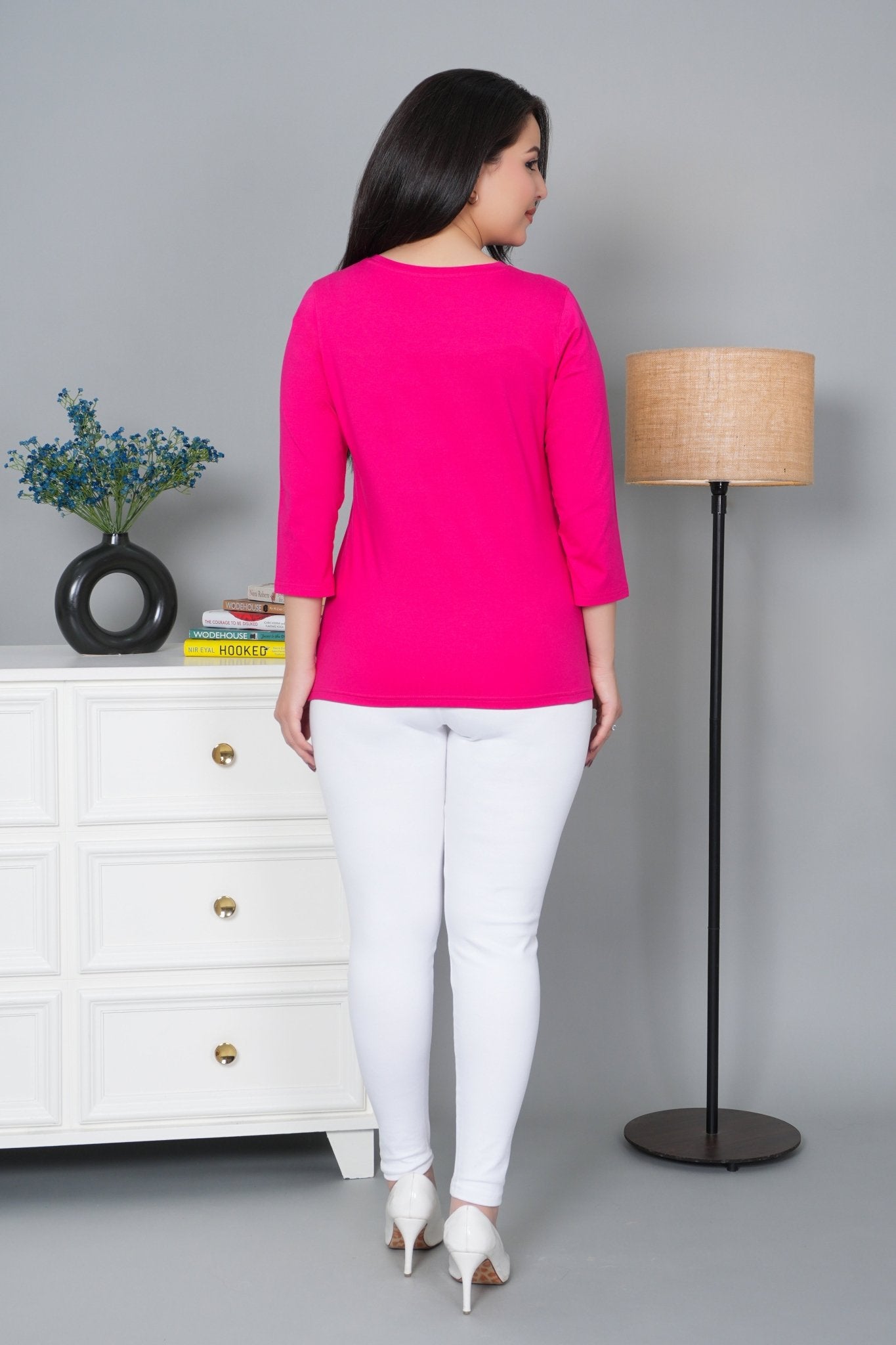 Fuchsia Round Neck Cotton Lycra 3/4 Sleeve T Shirt - Cotton t shirt