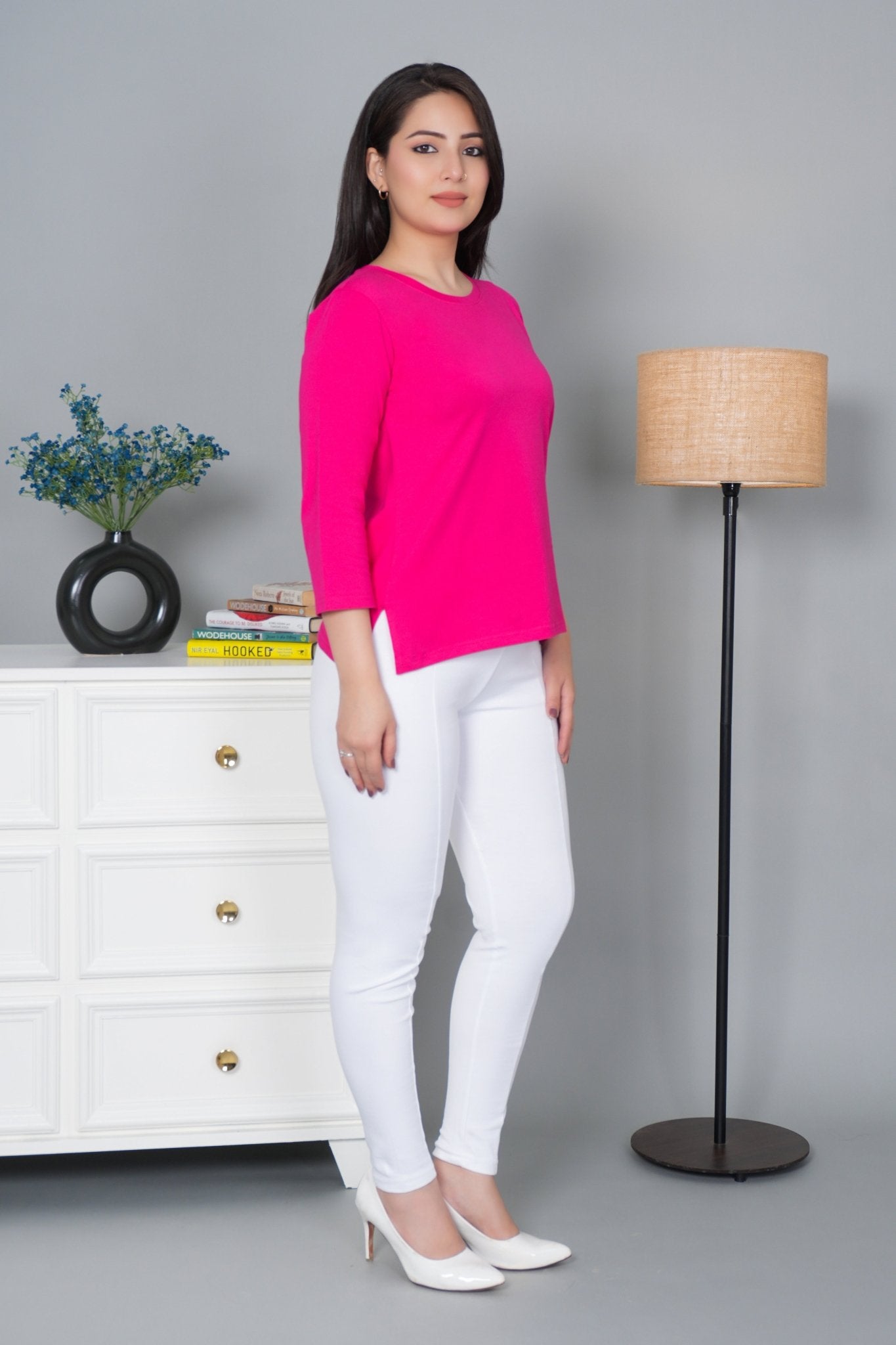 Fuchsia Round Neck Cotton Lycra 3/4 Sleeve T Shirt - Cotton t shirt