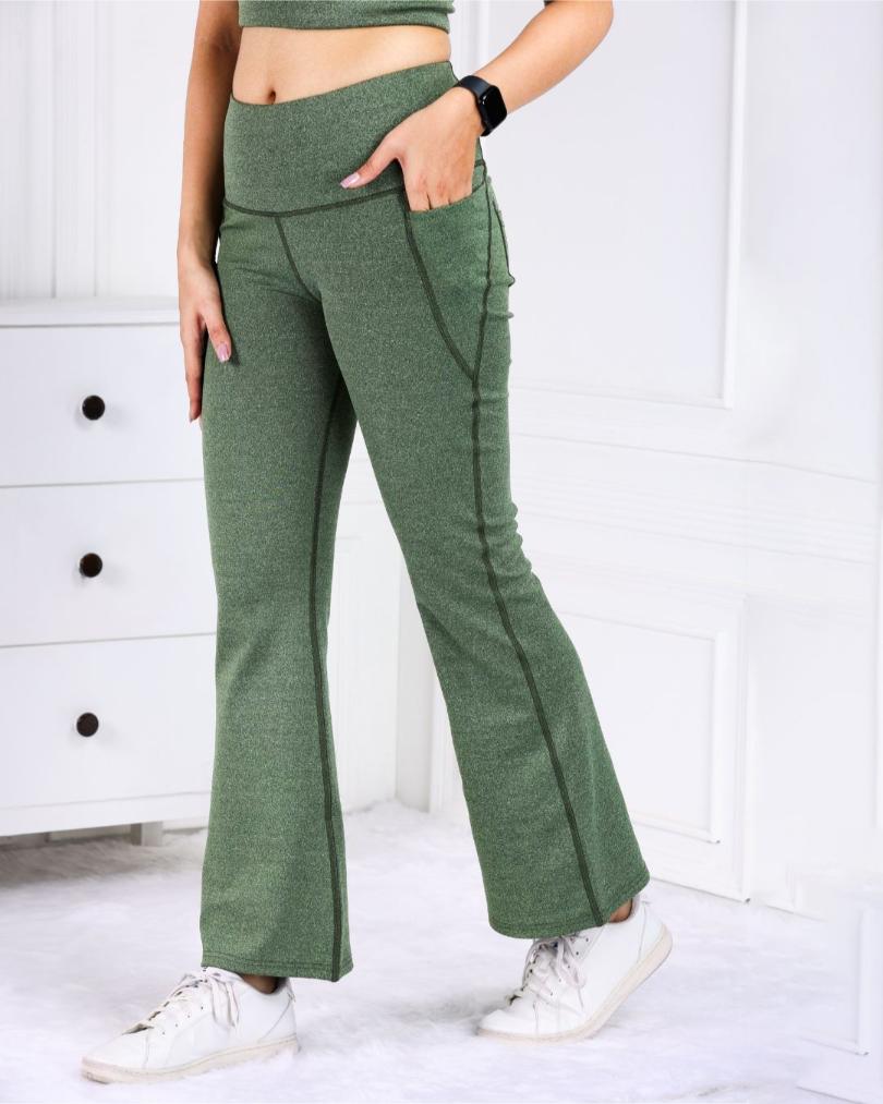 Green Melange Active Flare Pants - Active melange flare pants