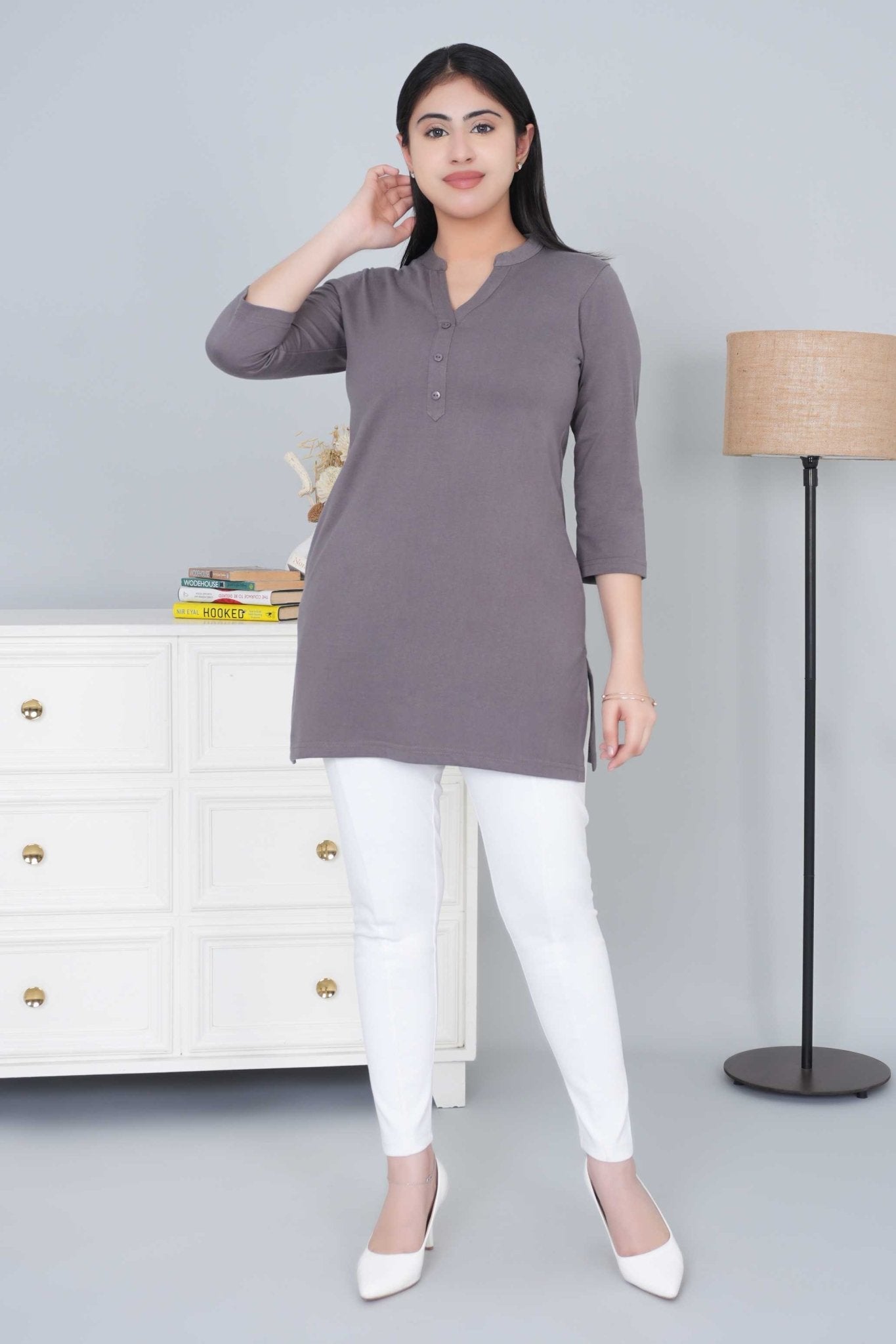 Grey cotton kurti tshirt with pockets - Kurti tshirt