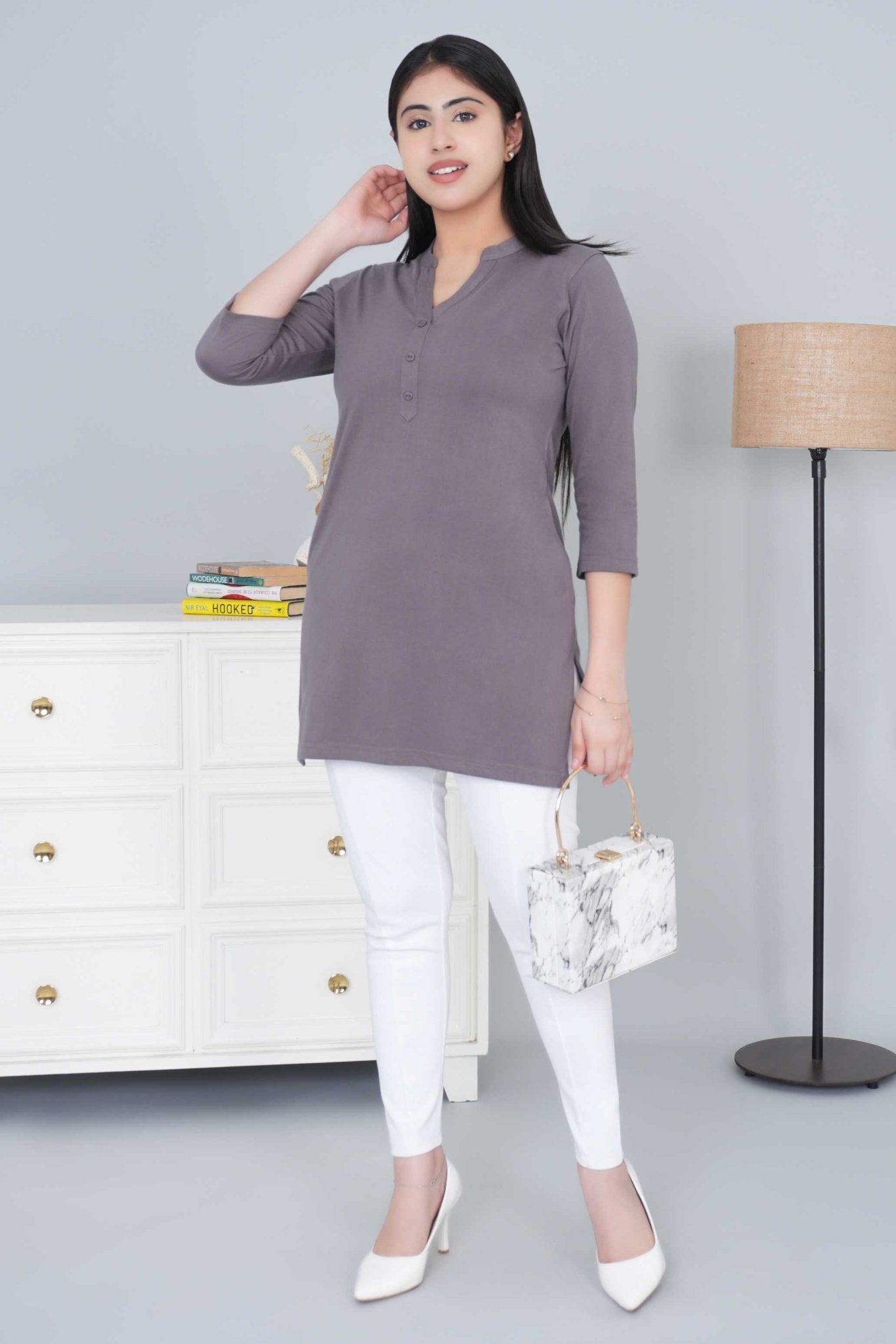 Grey cotton kurti tshirt with pockets - Kurti tshirt
