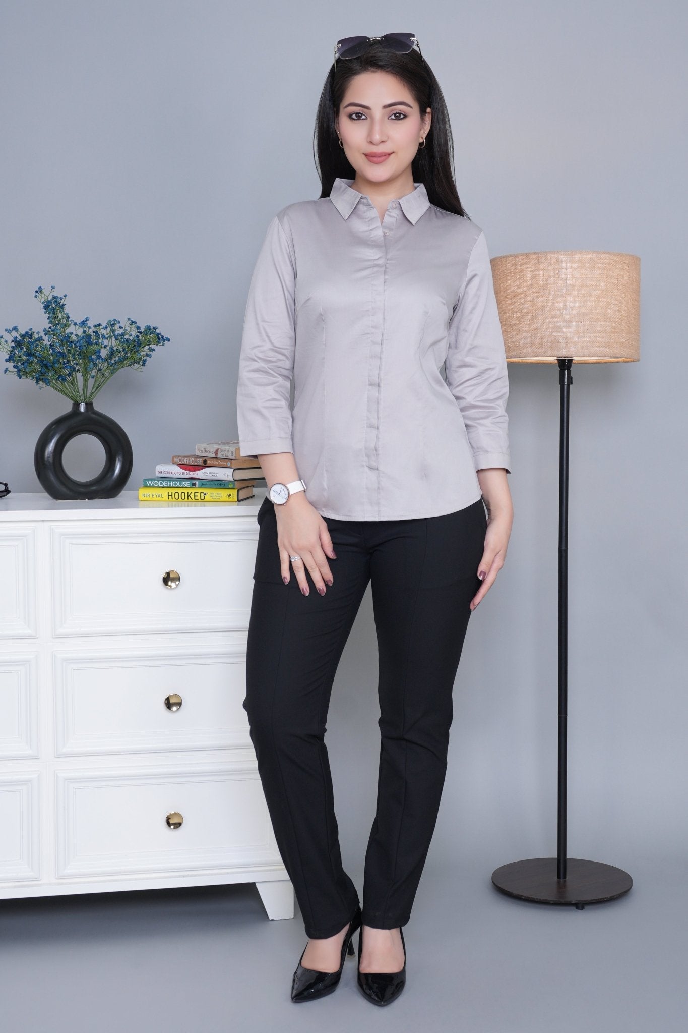 Grey cotton office placket shirt - Cotton office placket shirt