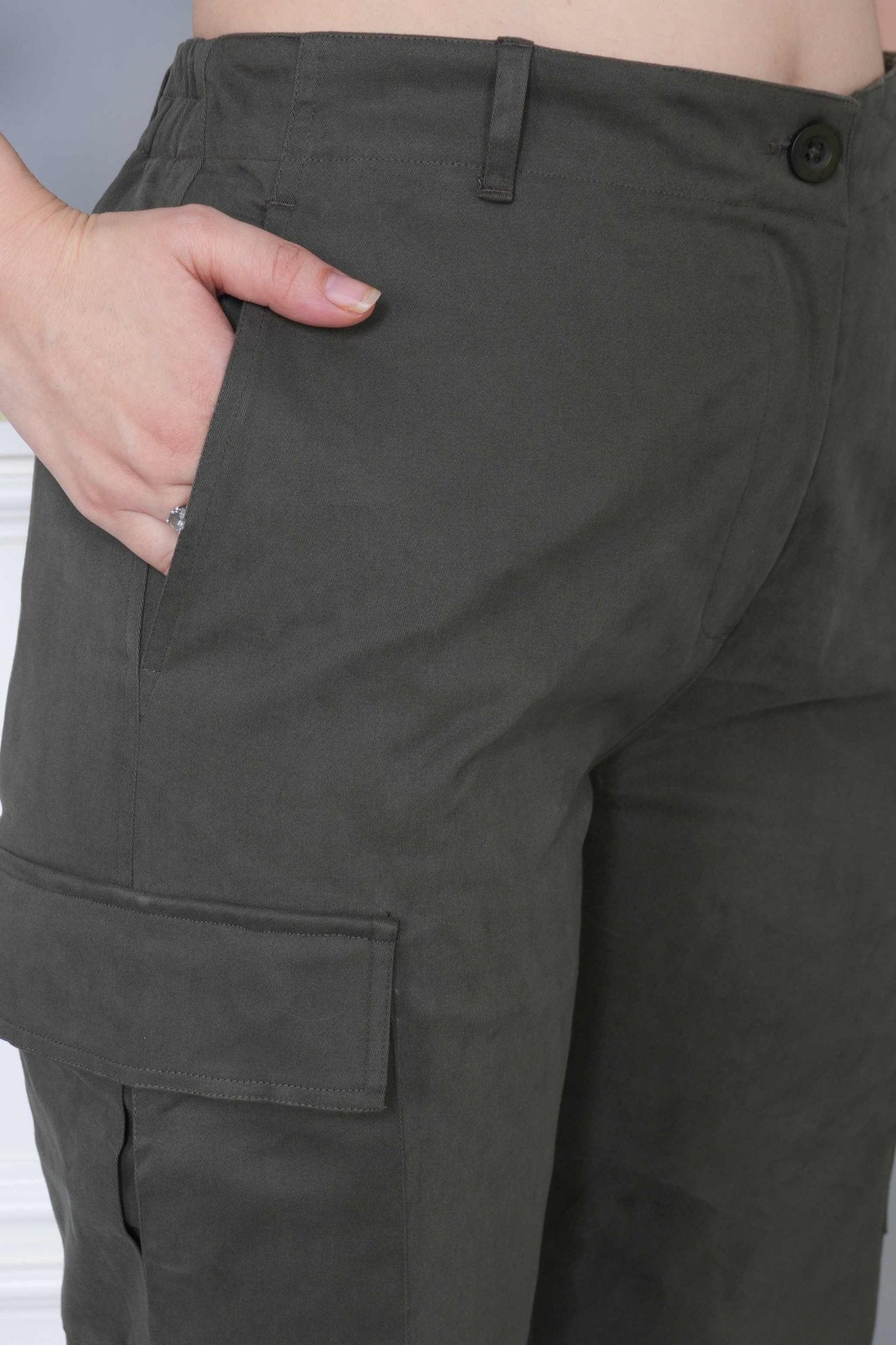 Khakhi green stretchable biowash USA HQ cotton travel cargo pant with superior elastic belt. - Travel Cargo Pants