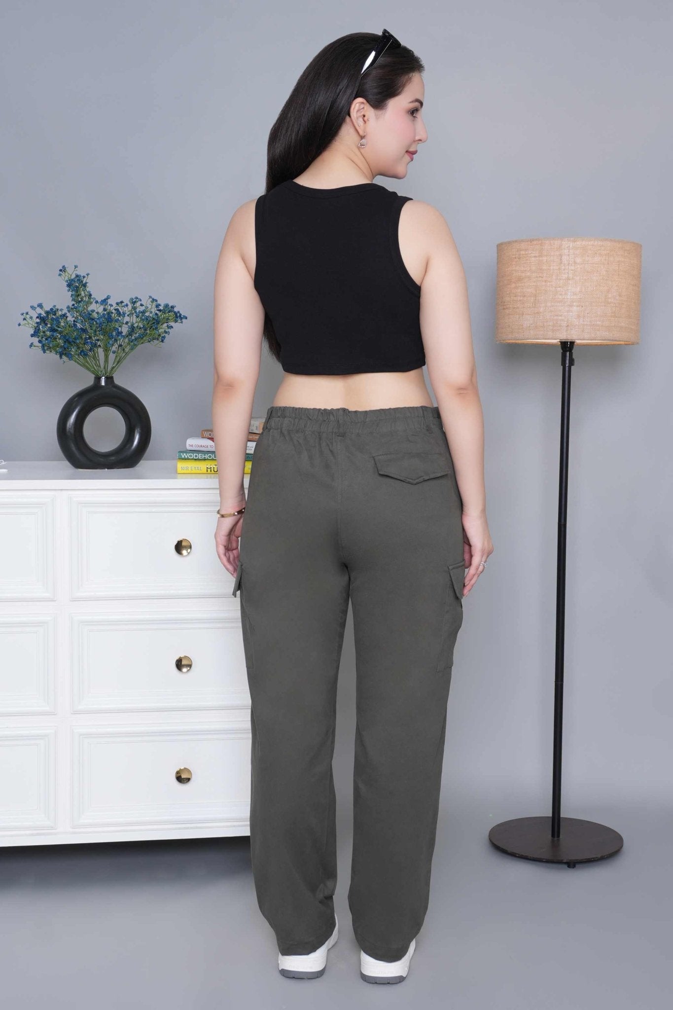 Khakhi green stretchable biowash USA HQ cotton travel cargo pant with superior elastic belt. - Travel Cargo Pants
