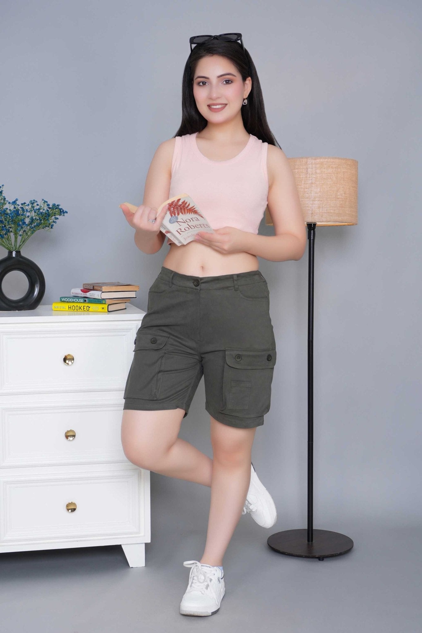 Khakhi green stretchable biowash USA HQ cotton travel shorts with superior elastic belt. - Travel shorts