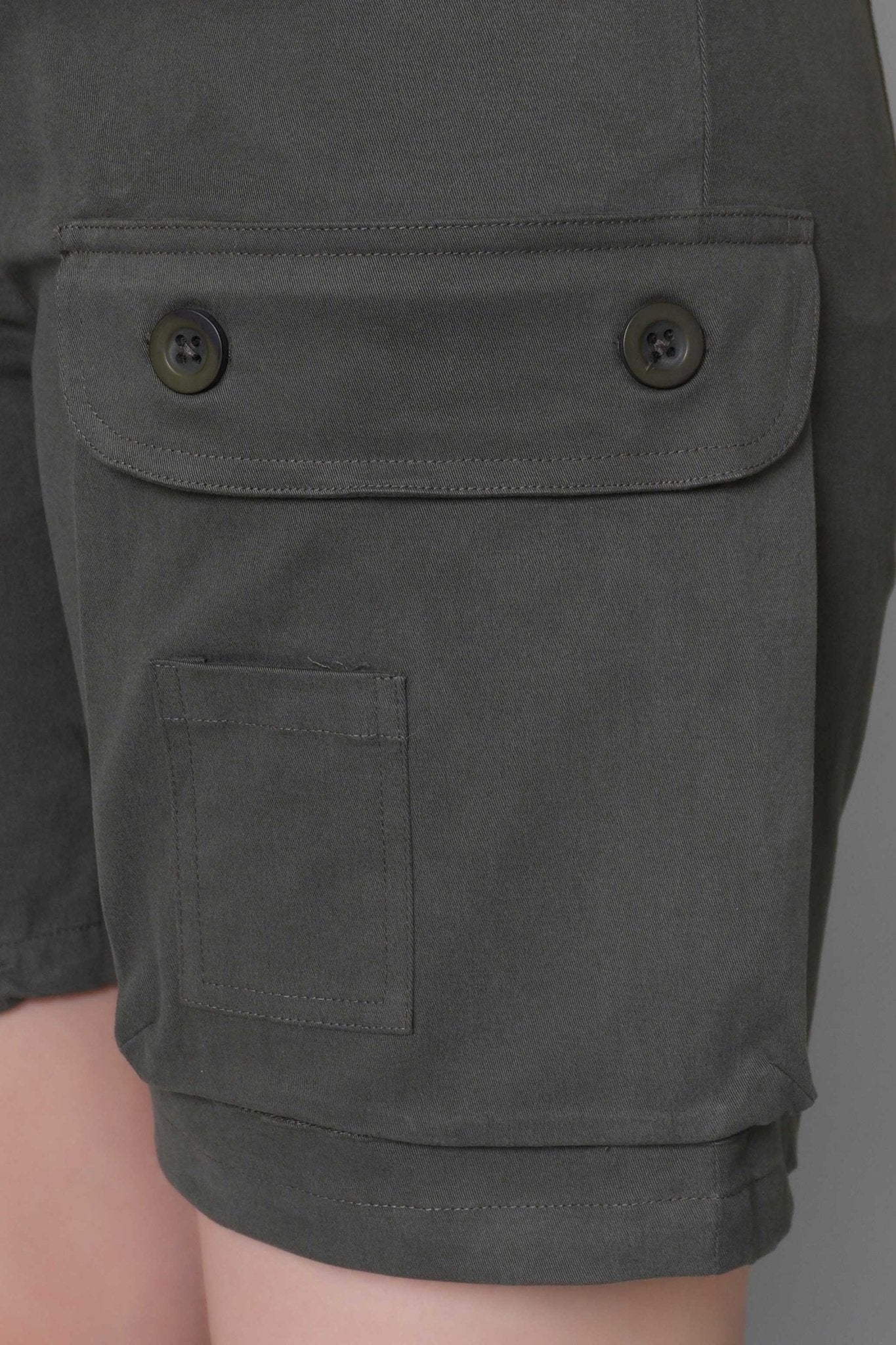 Khakhi green stretchable biowash USA HQ cotton travel shorts with superior elastic belt. - Travel shorts