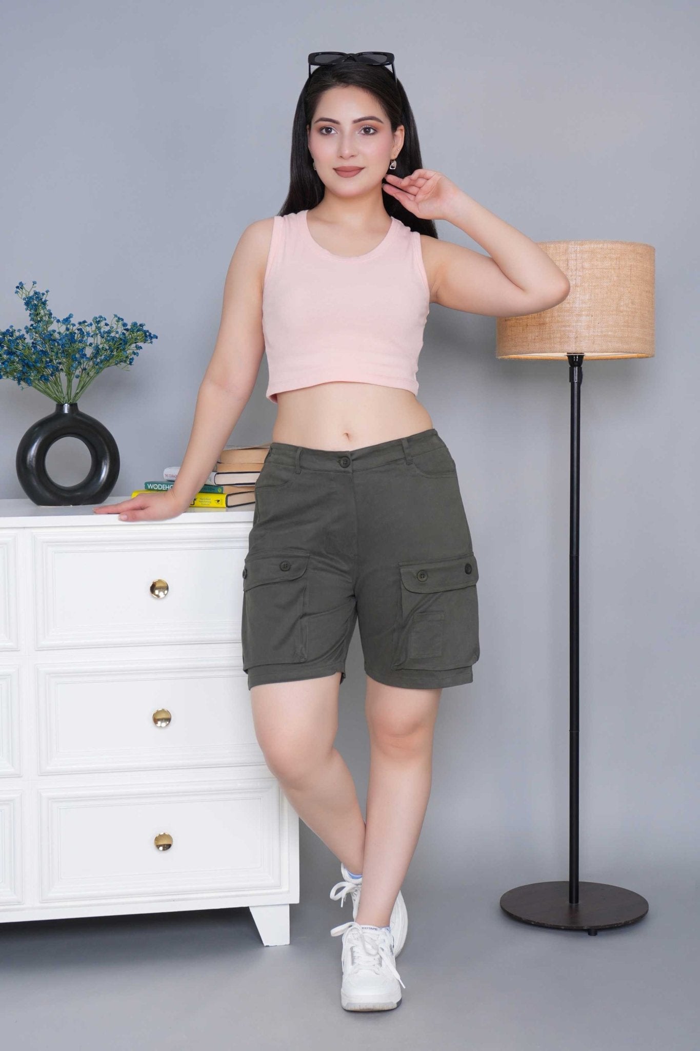 Khakhi green stretchable biowash USA HQ cotton travel shorts with superior elastic belt. - Travel shorts