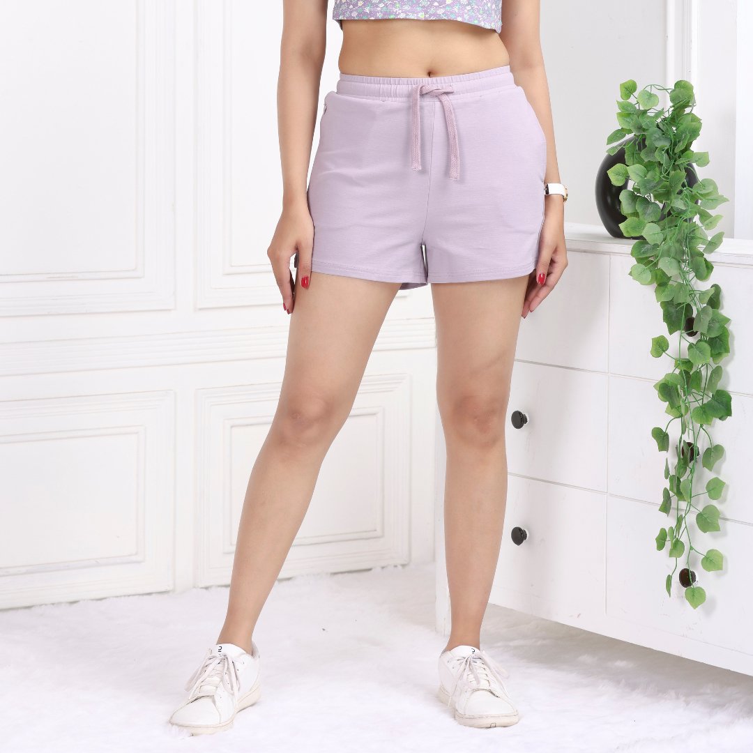 Lavender all day two pocket cotton lycra shorts made with USA HQ cotton with
