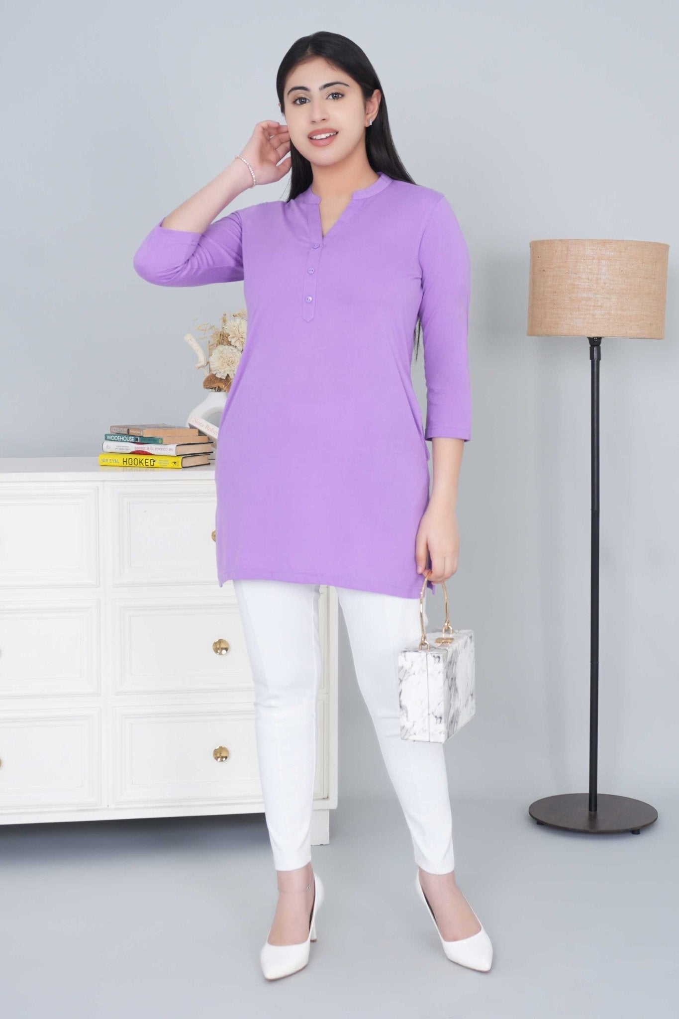Lavender cotton kurti tshirt with pockets - Kurti tshirt