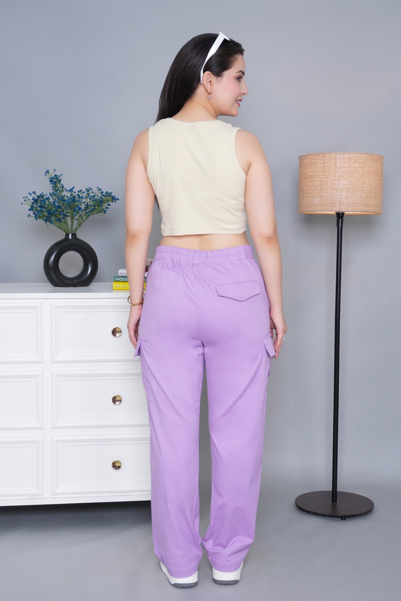 Lavender stretchable biowash USA HQ cotton travel cargo pant with superior elastic belt. - Travel Cargo Pants