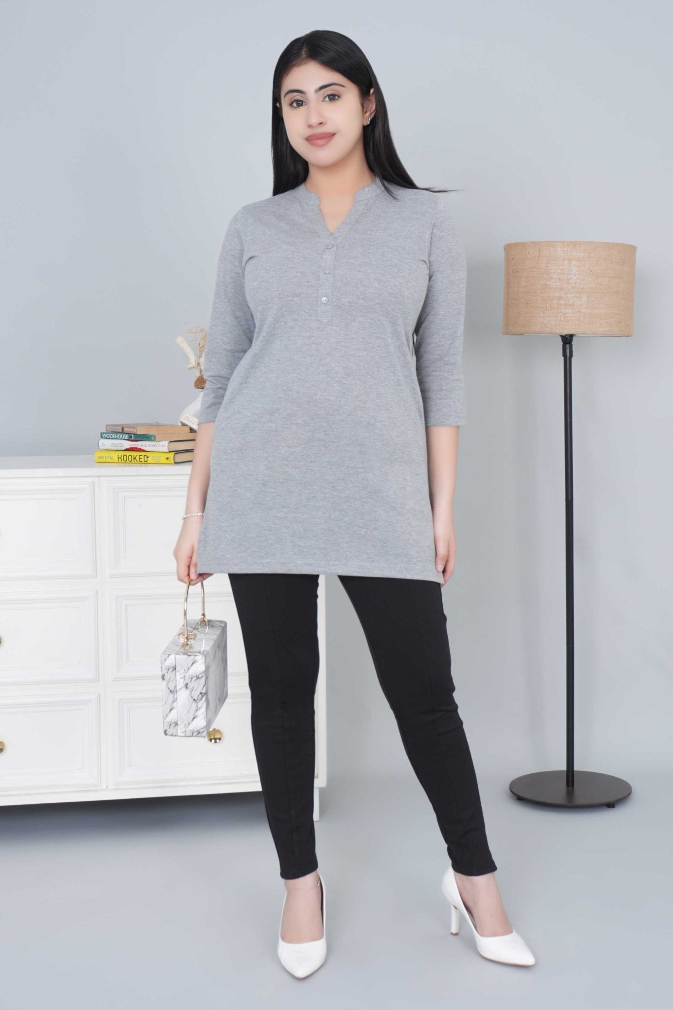 Light Grey cotton kurti tshirt with pockets - Kurti tshirt