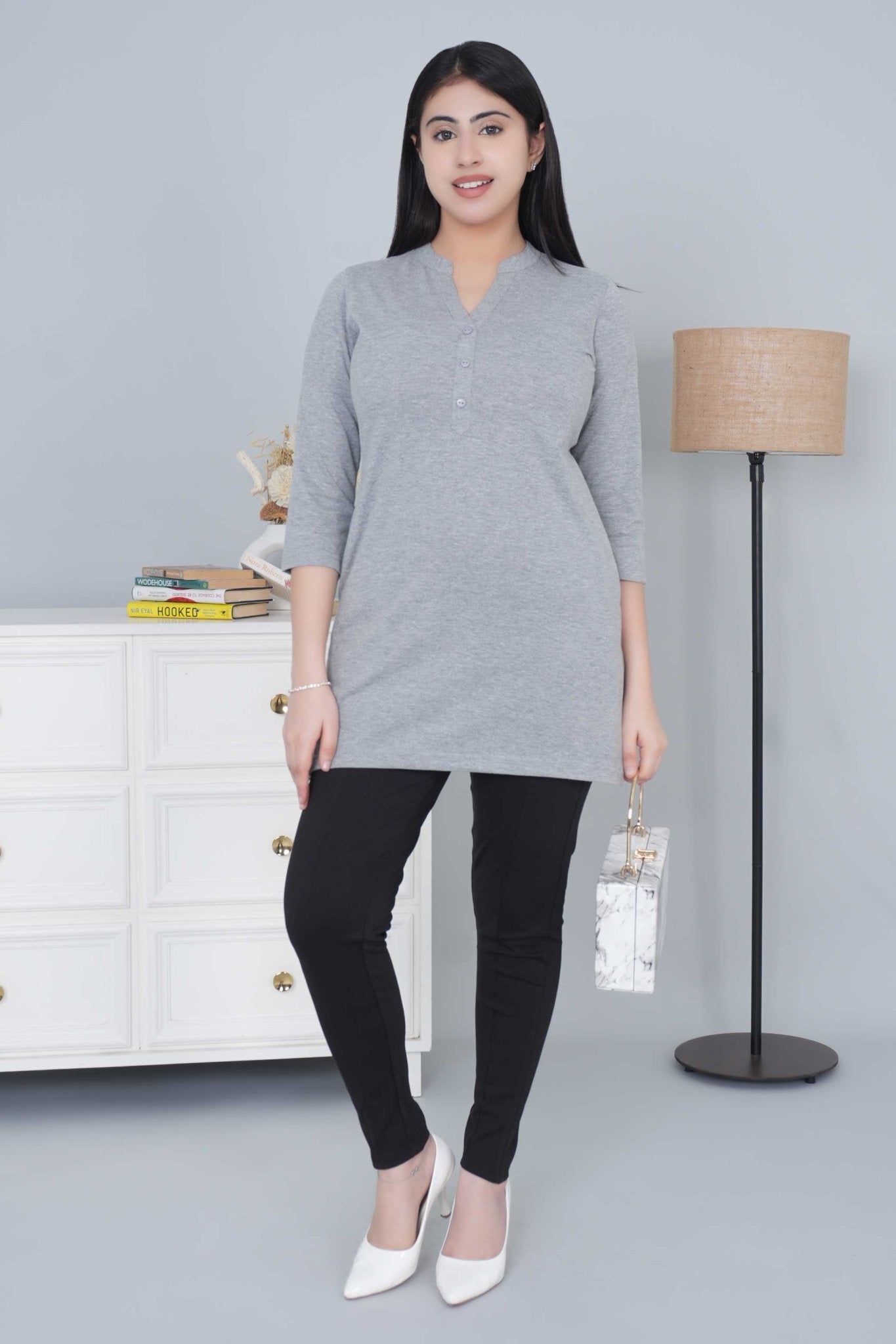 Light Grey cotton kurti tshirt with pockets - Kurti tshirt