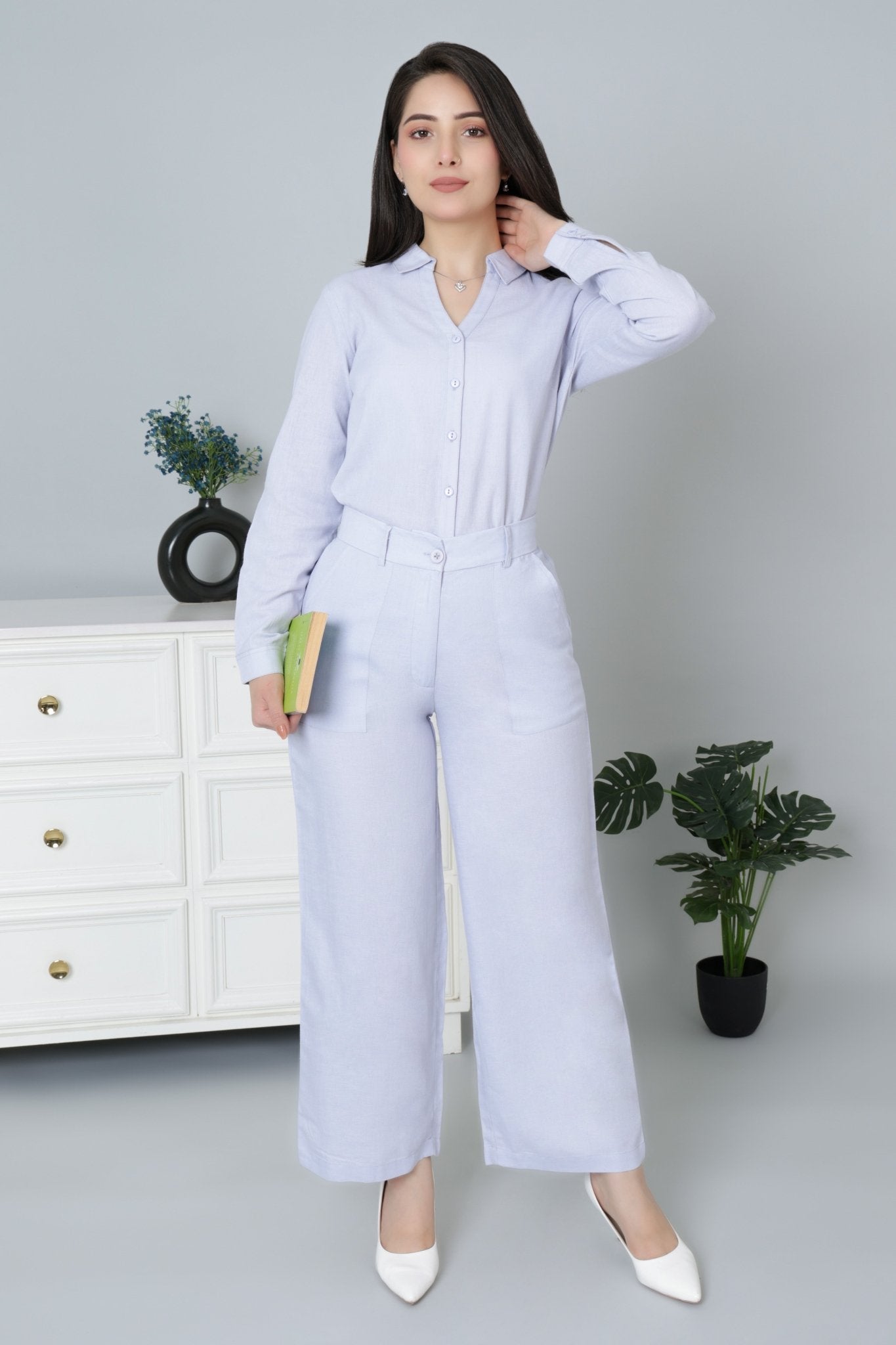 Light Grey linen high waist pant -