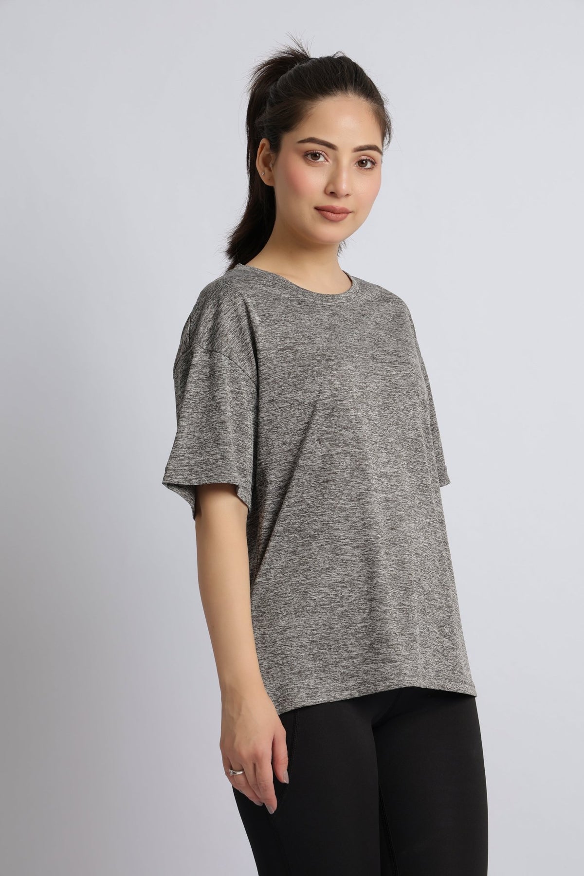 Light grey melange active off shoulder tshirt -Active off shoulder tshirt