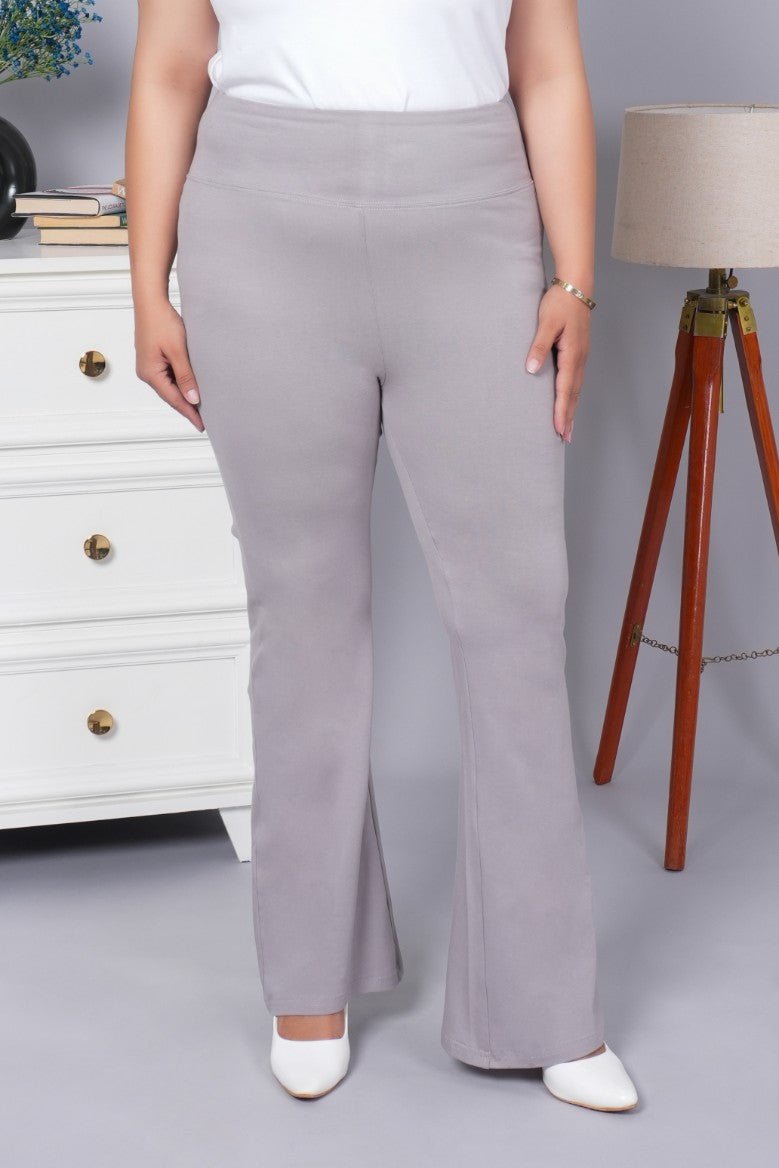 Light grey stretchable biowash cotton flare pants with superior elastic belt. - Cotton flare