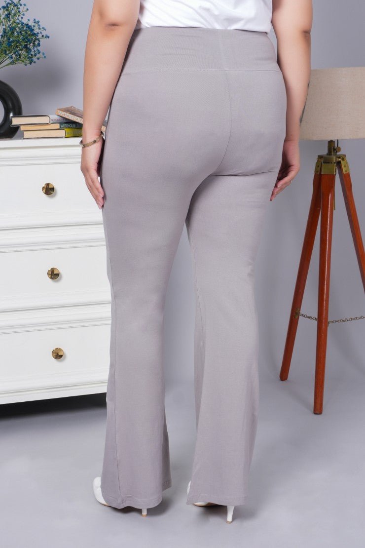 Light grey stretchable biowash cotton flare pants with superior elastic belt. - Cotton flare
