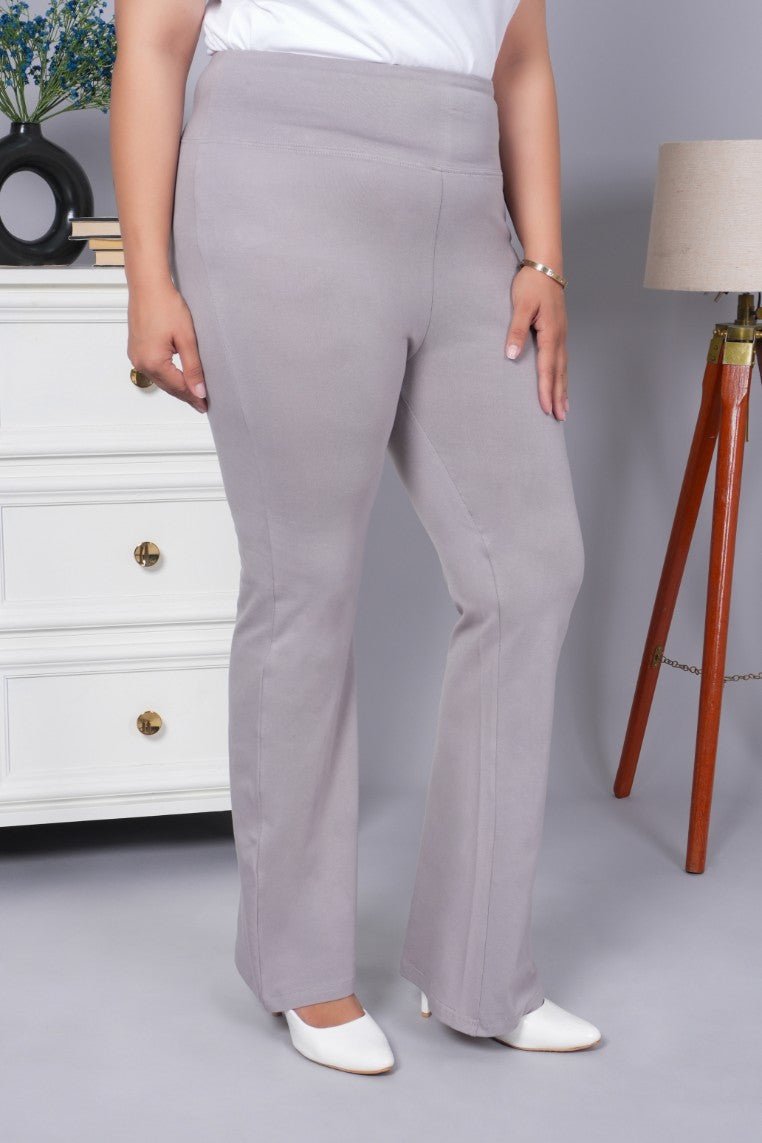 Light grey stretchable biowash cotton flare pants with superior elastic belt. - Cotton flare