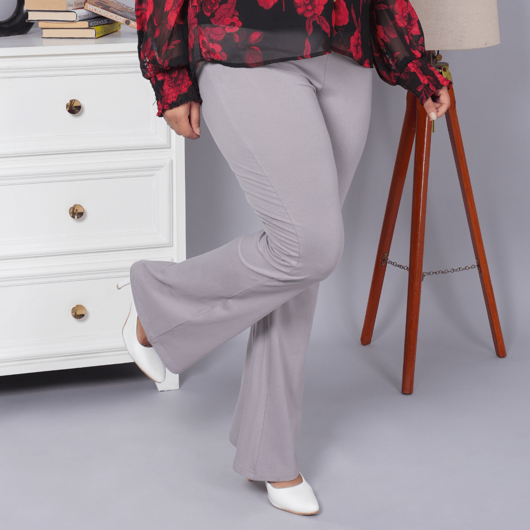 Light grey stretchable biowash cotton flare pants with superior elastic belt. - Cotton flare