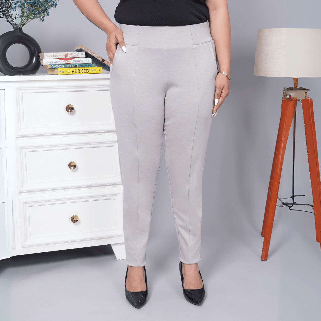 Light grey stretchable biowash USA HQ cotton premium jegging pant with pockets & superior elastic belt. - Milano jegging pants with pcoket