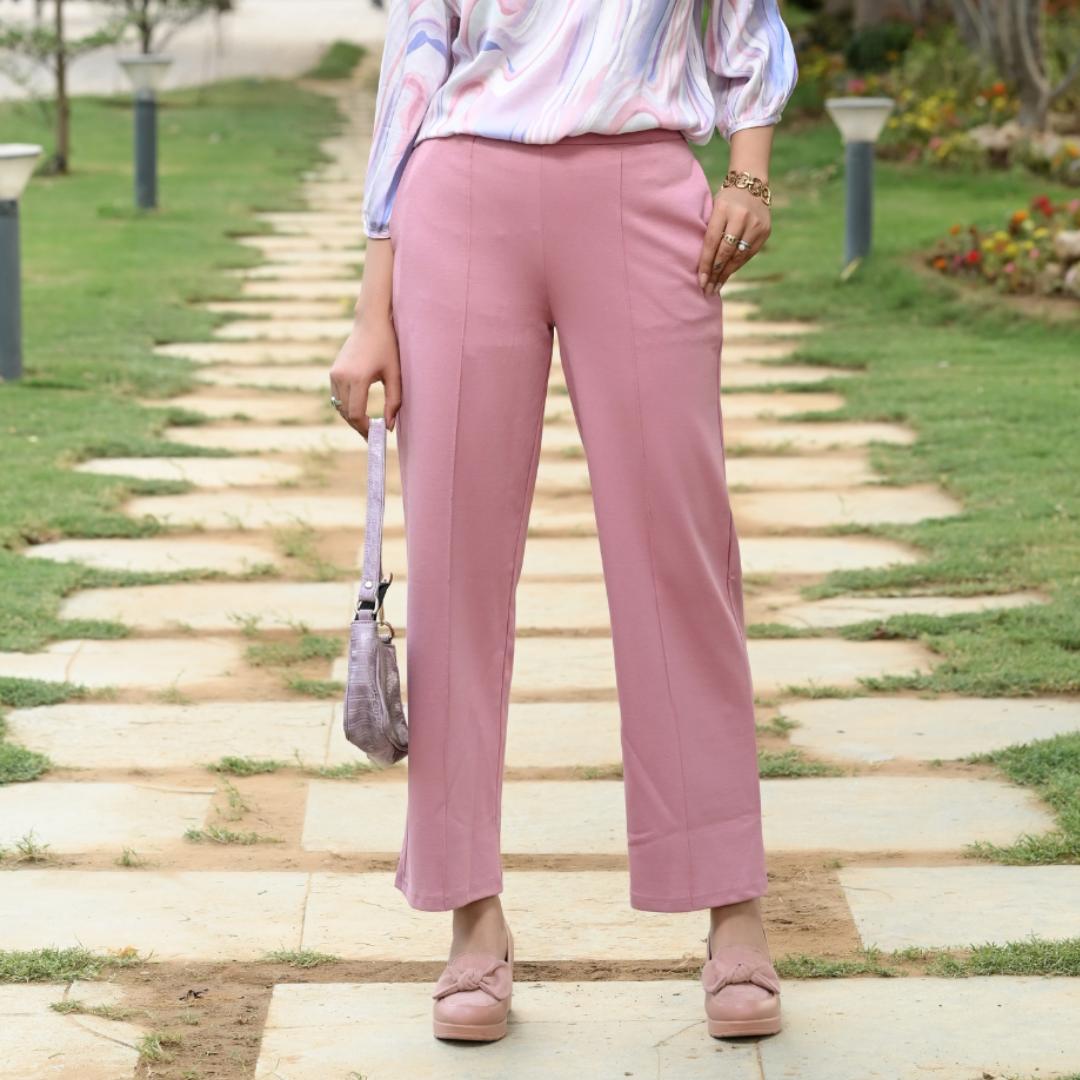 Light pink stretchable biowash USA HQ cotton extra flare fit pant with superior elastic belt. - Milano extra flare fit pants