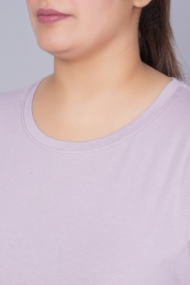 Lilac long round neck cotton t-shirt with pockets - Long cotton t-shirt