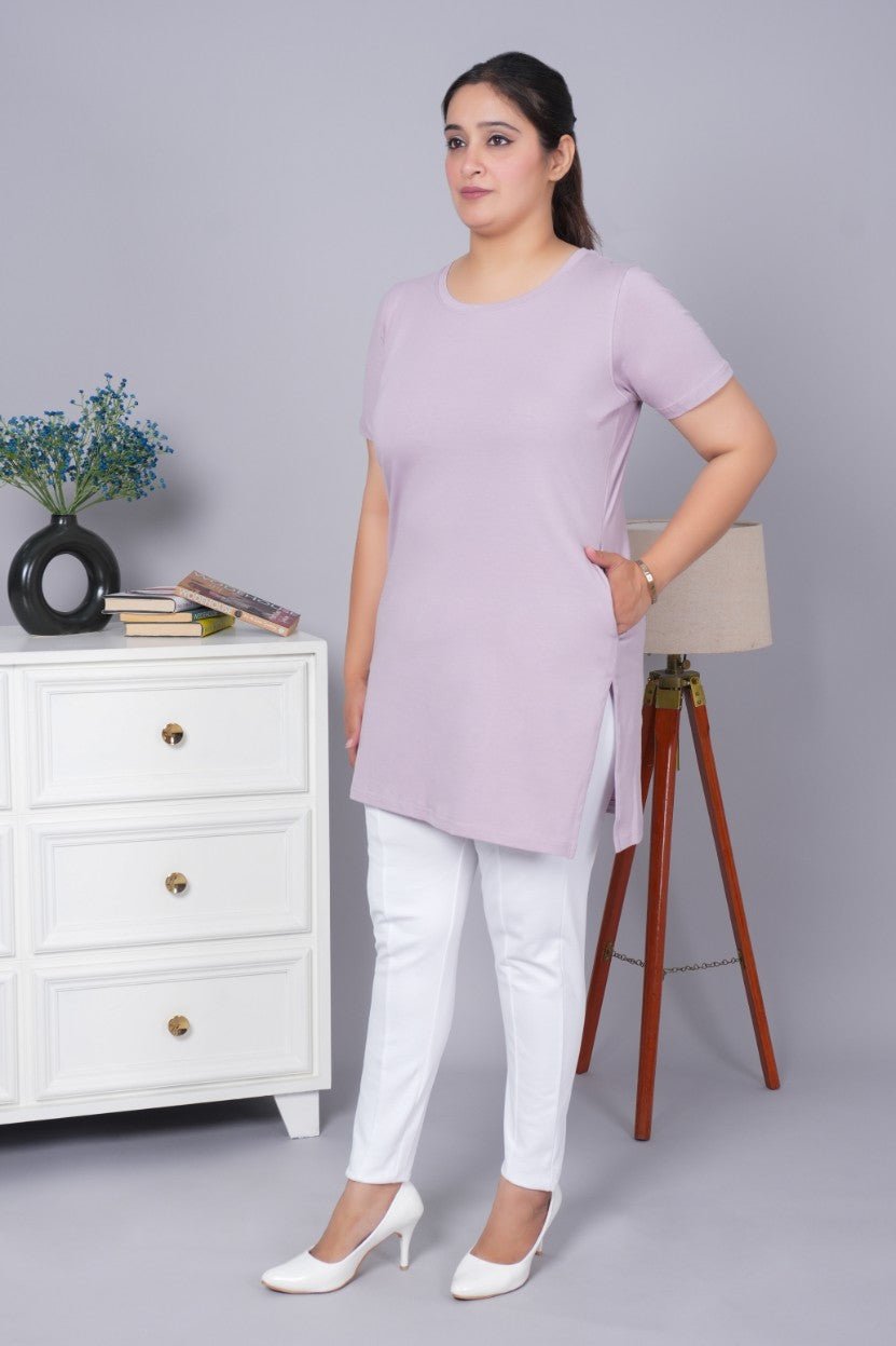 Lilac long round neck cotton t-shirt with pockets - Long cotton t-shirt