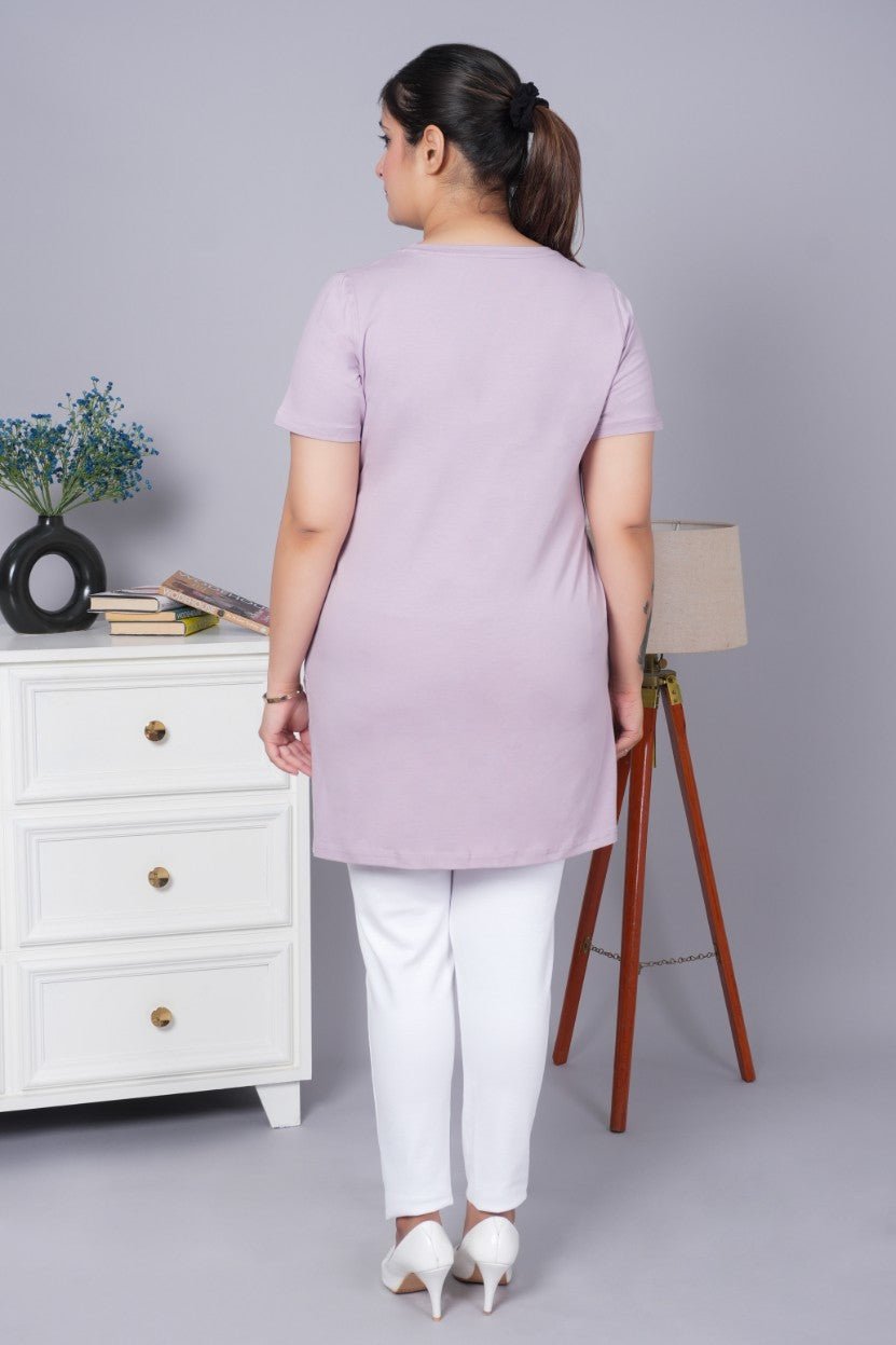 Lilac long round neck cotton t-shirt with pockets - Long cotton t-shirt