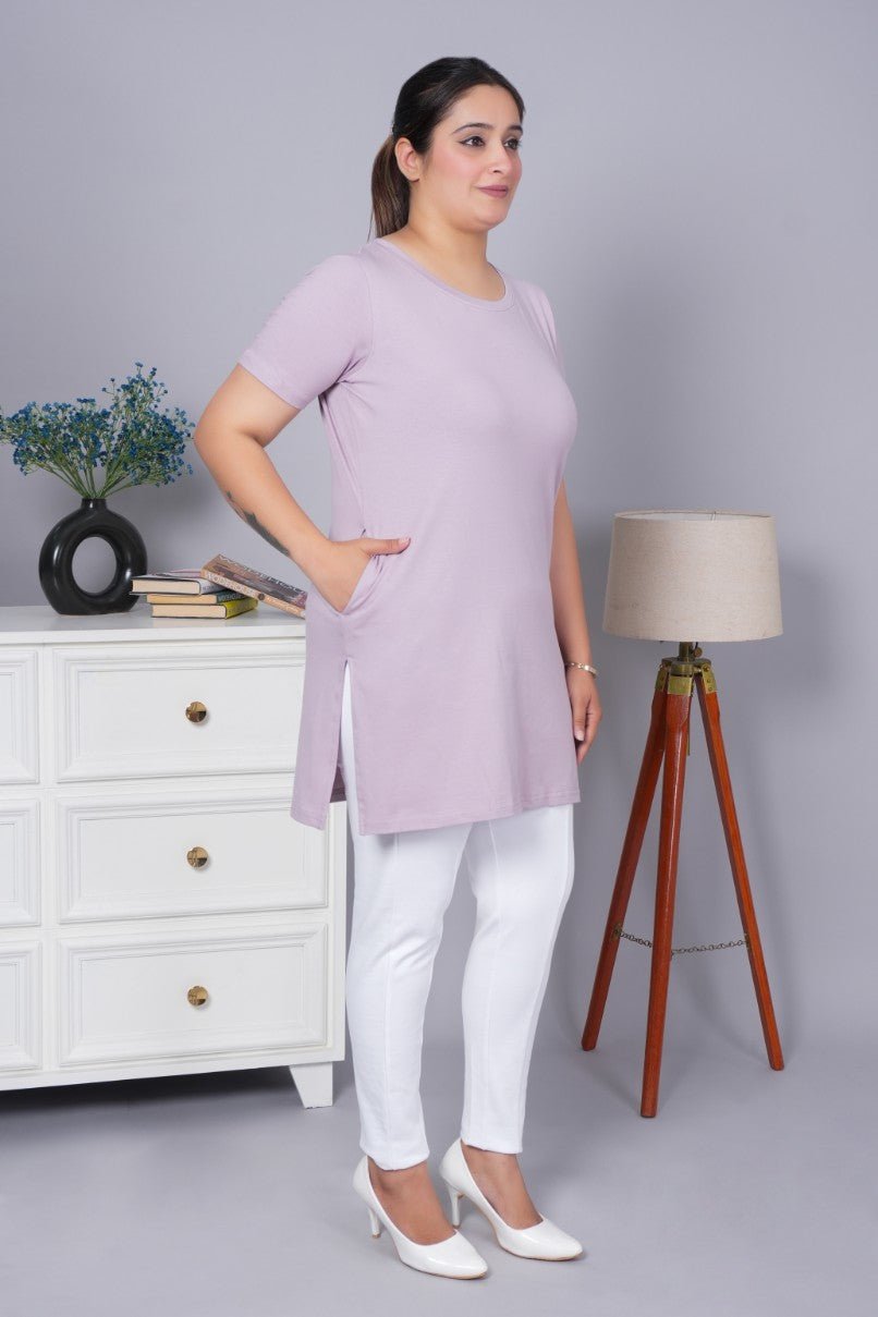 Lilac long round neck cotton t-shirt with pockets - Long cotton t-shirt