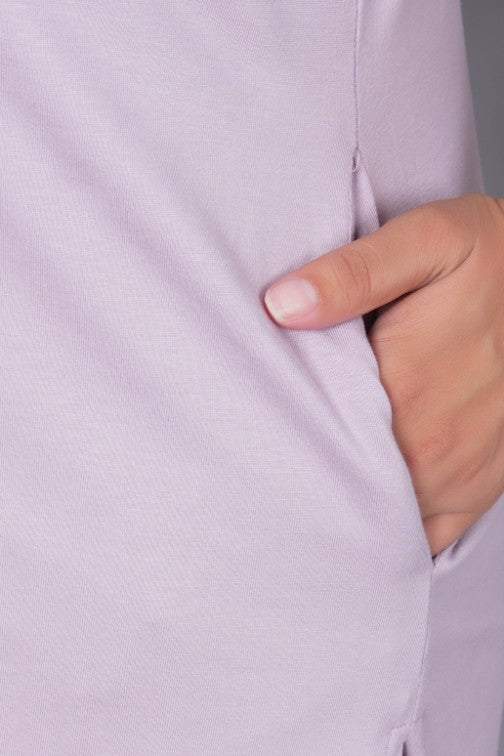 Lilac long round neck cotton t-shirt with pockets - Long cotton t-shirt