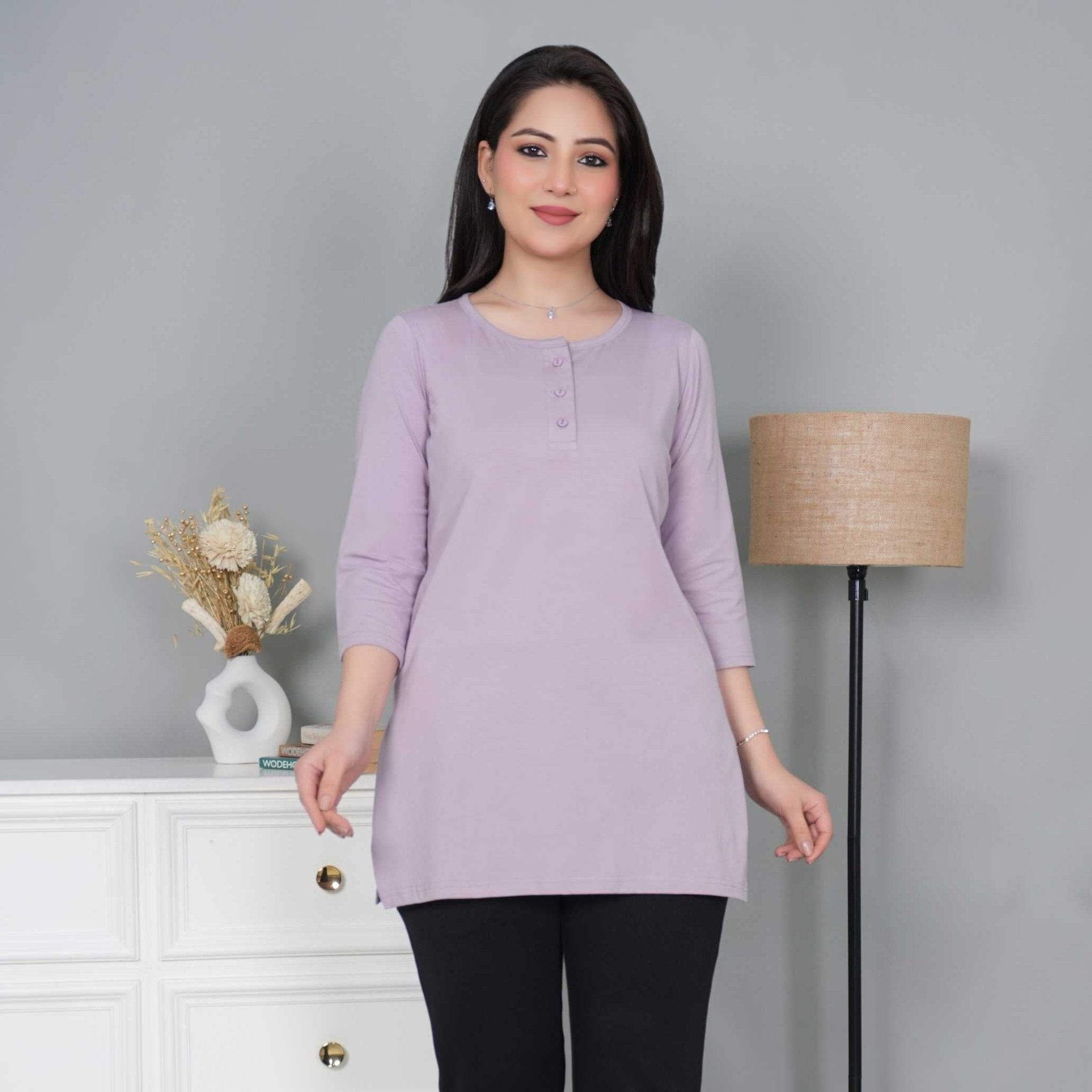 Lilac long round neck henly cotton lycra t-shirt with pockets - Long cotton t-shirt
