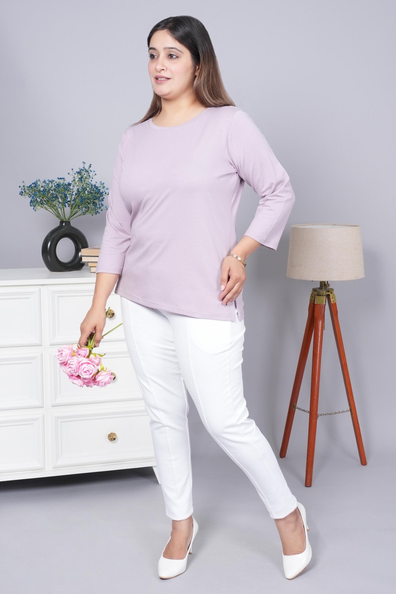 Lilac Round Neck Cotton 3/4 Sleeve T Shirt - Cotton t shirt