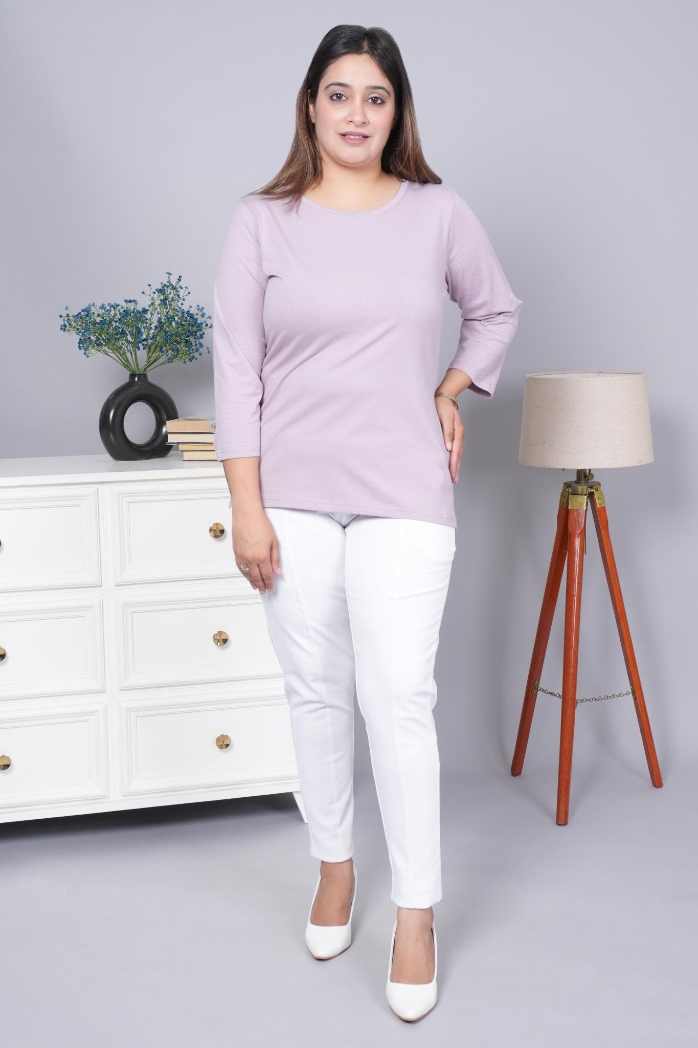 Lilac Round Neck Cotton 3/4 Sleeve T Shirt - Cotton t shirt