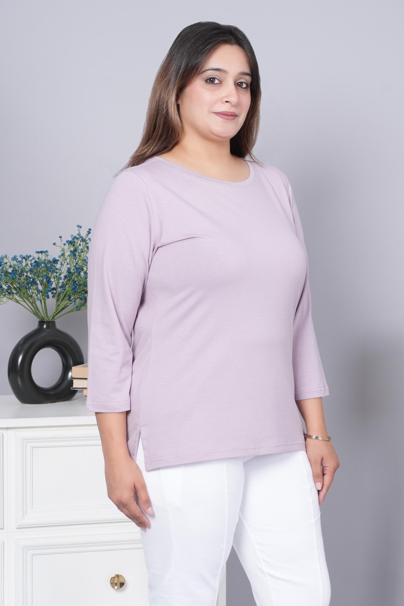 Lilac Round Neck Cotton 3/4 Sleeve T Shirt - Cotton t shirt