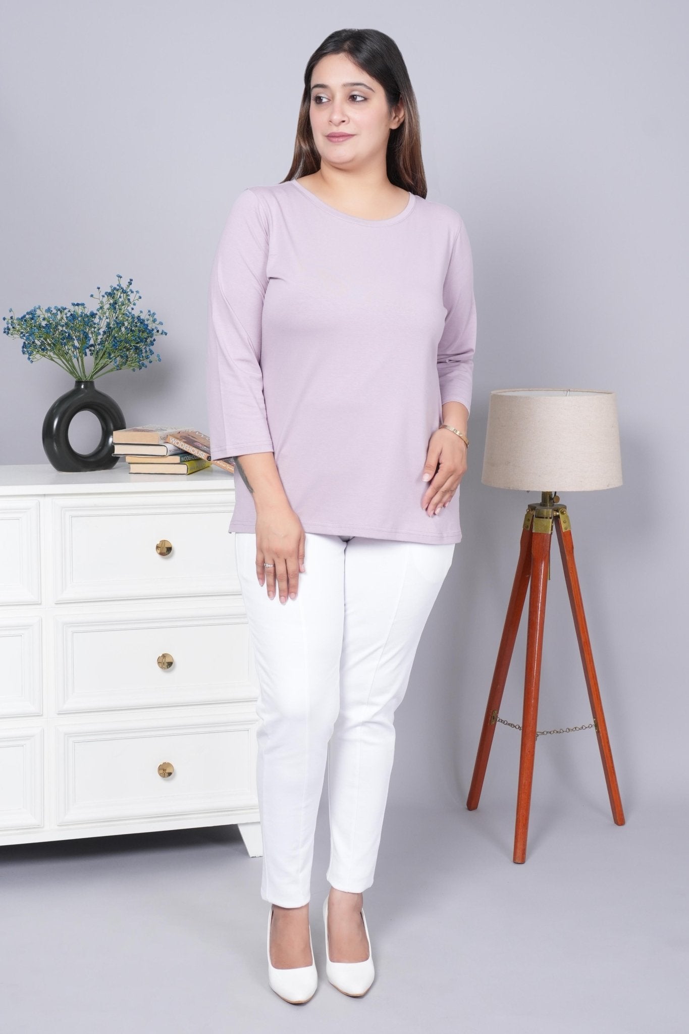 Lilac Round Neck Cotton 3/4 Sleeve T Shirt - Cotton t shirt