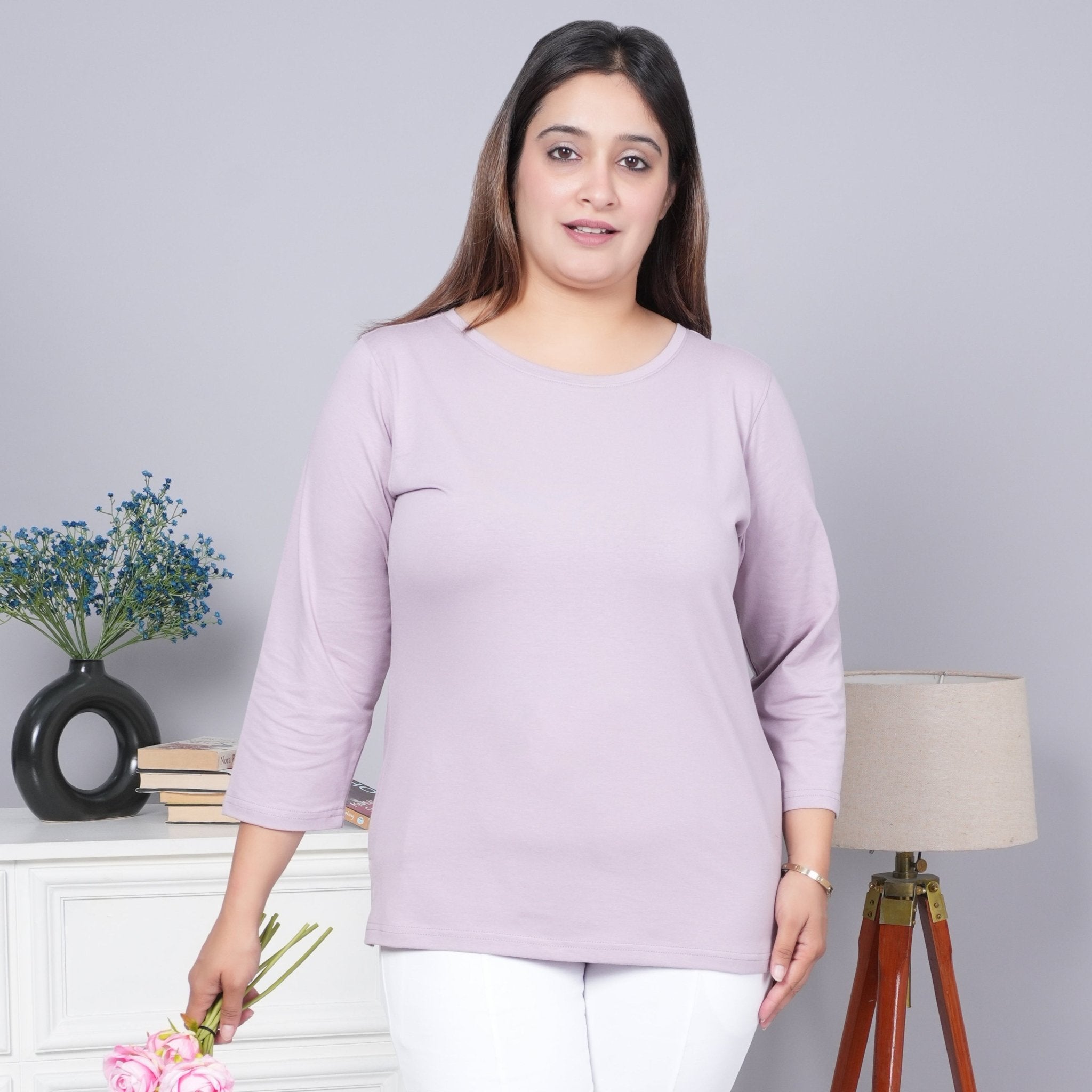 Lilac Round Neck Cotton 3/4 Sleeve T Shirt - Cotton t shirt