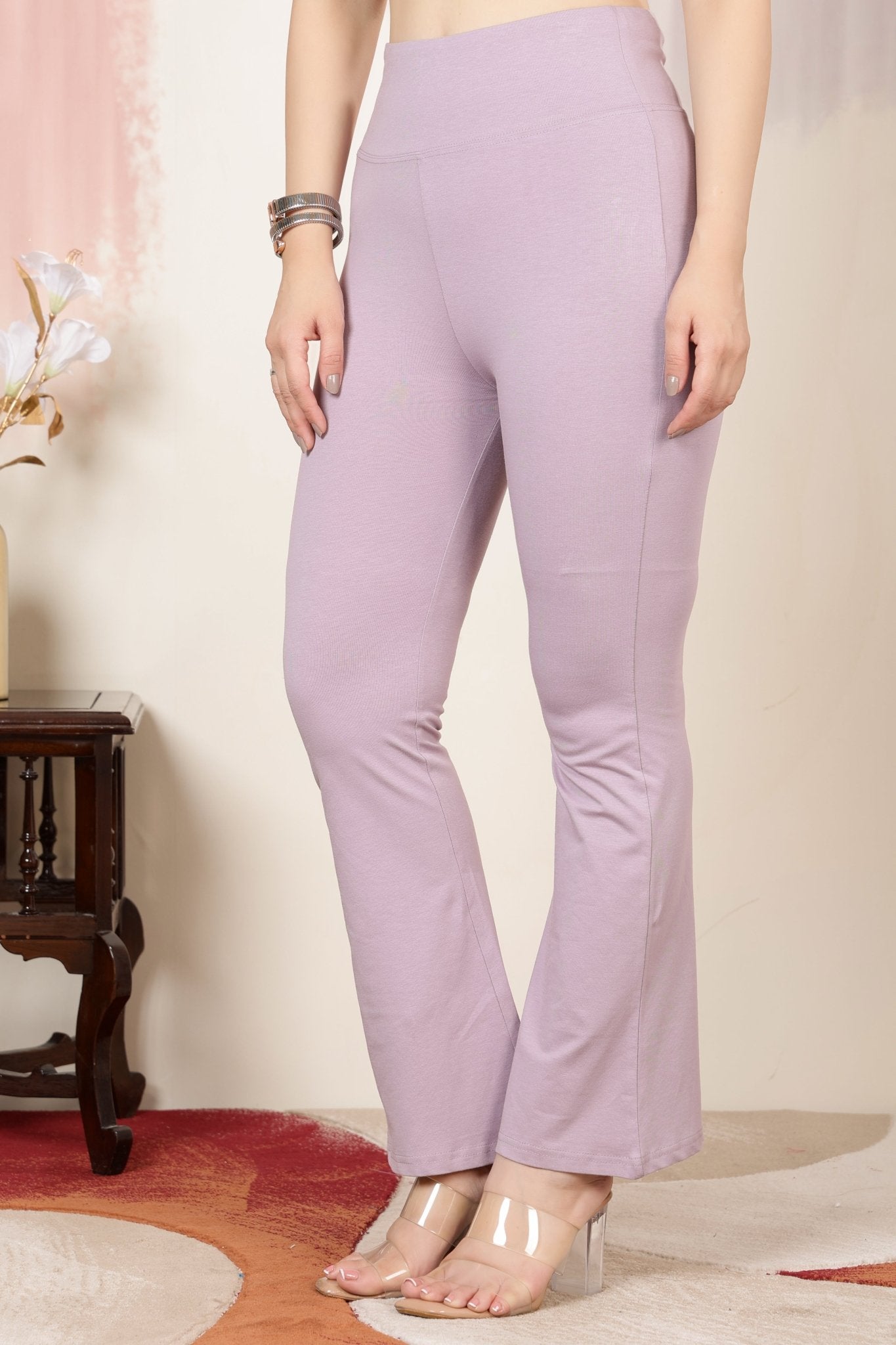 Lilac stretchable biowash cotton lycra flare legging with superior elastic belt. -Cotton flare
