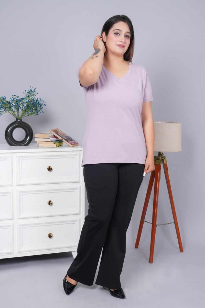 Lilac v neck cotton t-shirt with pockets - Long cotton v neck t-shirt