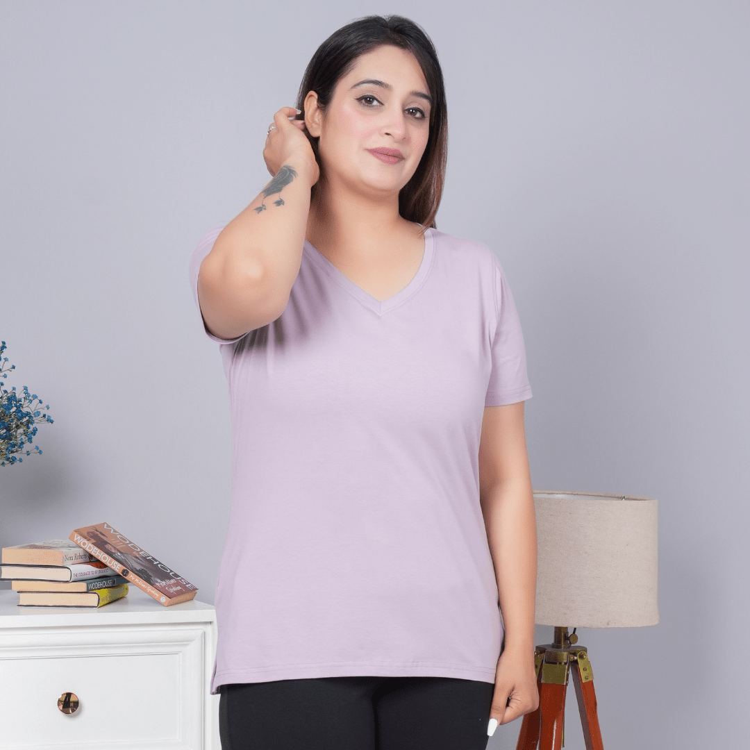 Lilac v neck cotton t-shirt with pockets - Long cotton v neck t-shirt