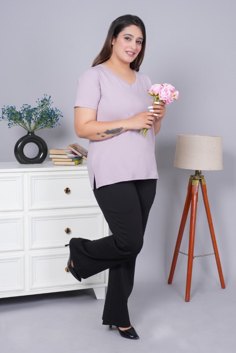 Lilac v neck cotton t-shirt with pockets - Long cotton v neck t-shirt