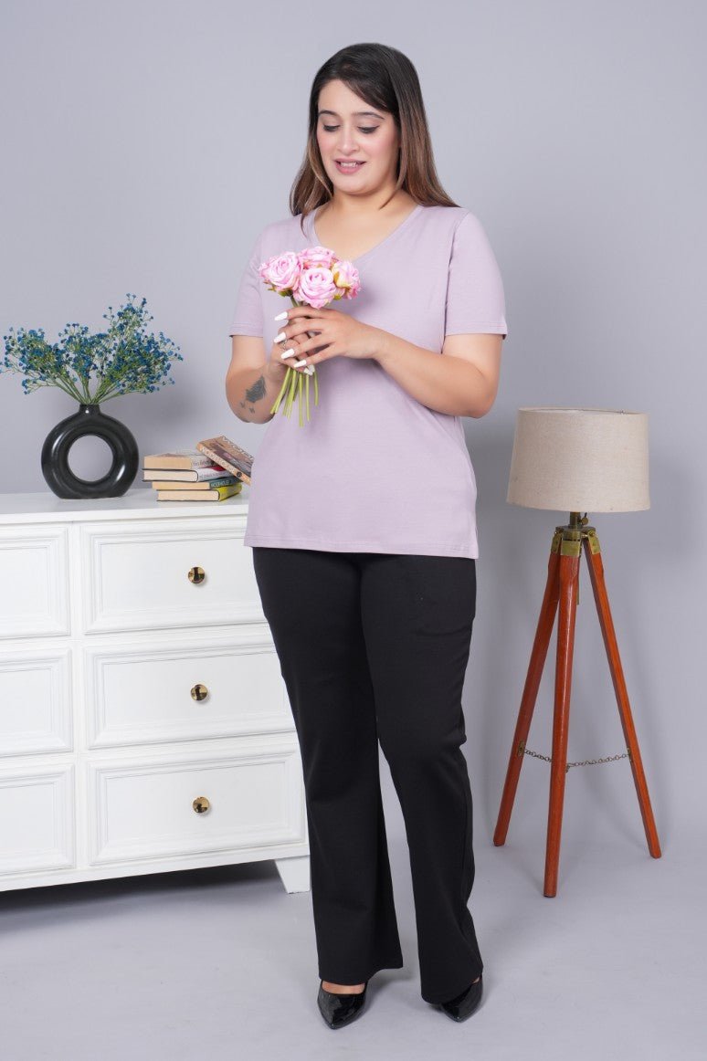 Lilac v neck cotton t-shirt with pockets - Long cotton v neck t-shirt