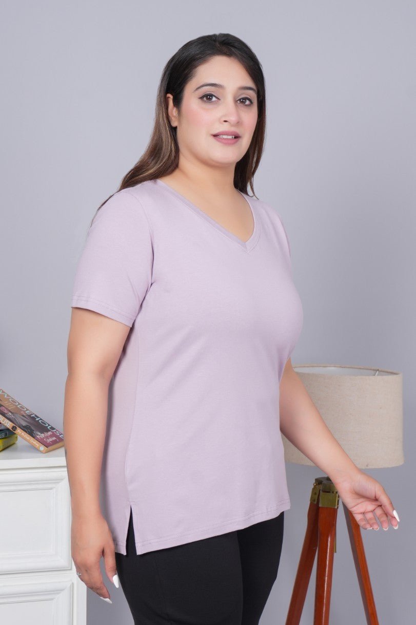 Lilac v neck cotton t-shirt with pockets - Long cotton v neck t-shirt