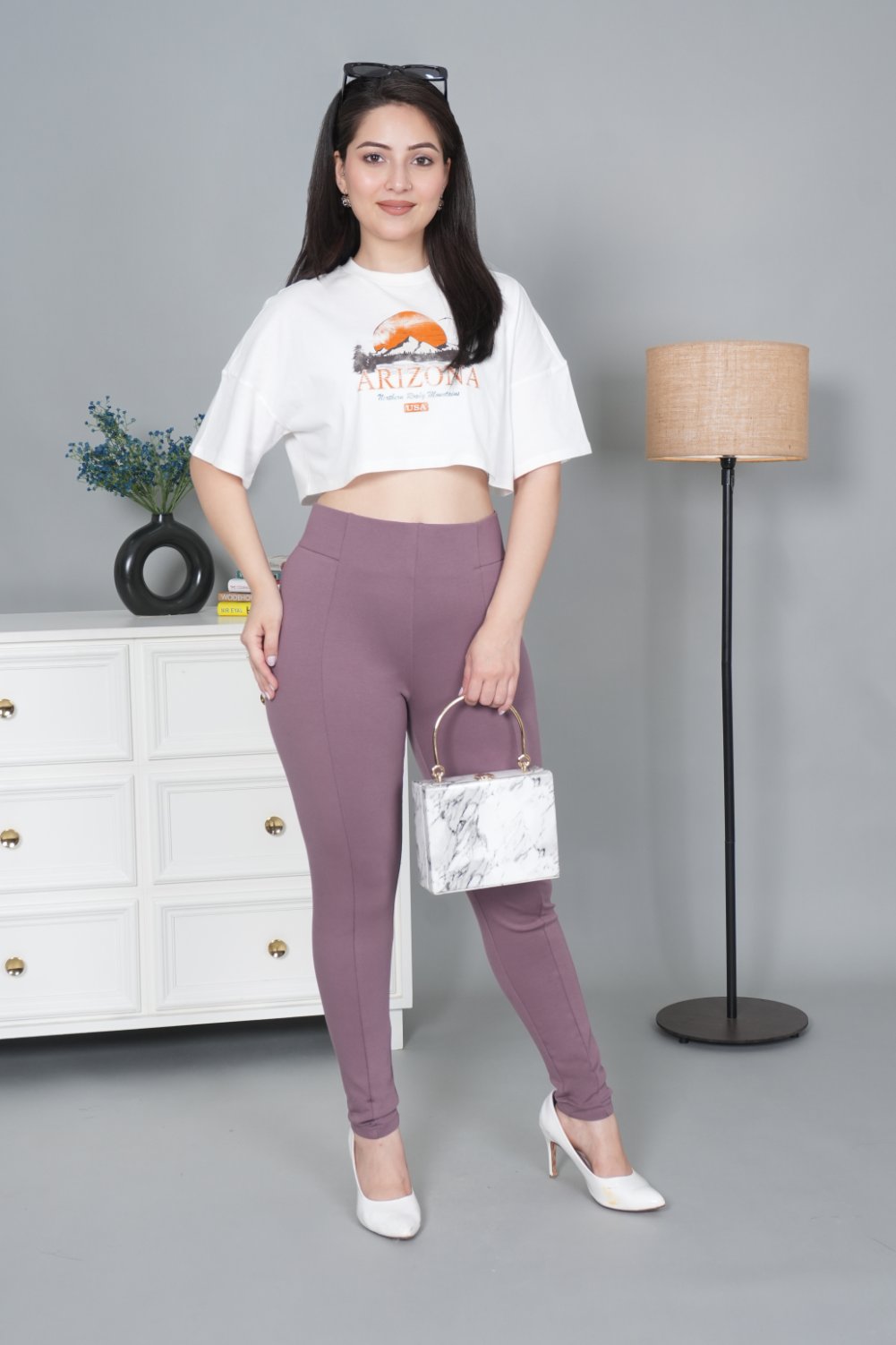 Lovely lavender stretchable biowash USA HQ cotton jegging pant with superior elastic belt. - Milano jegging pants