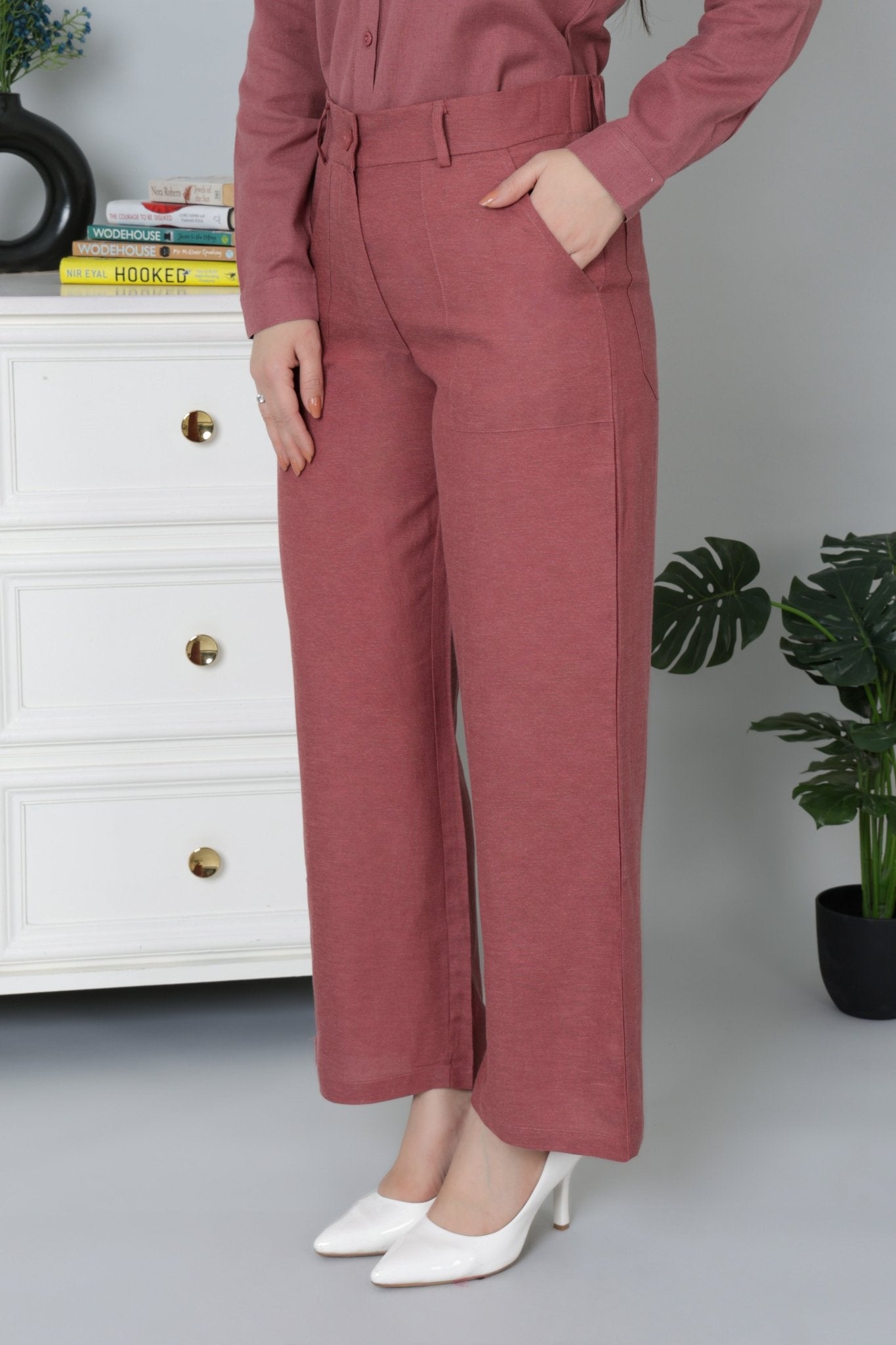 Maroon linen high waist pant -