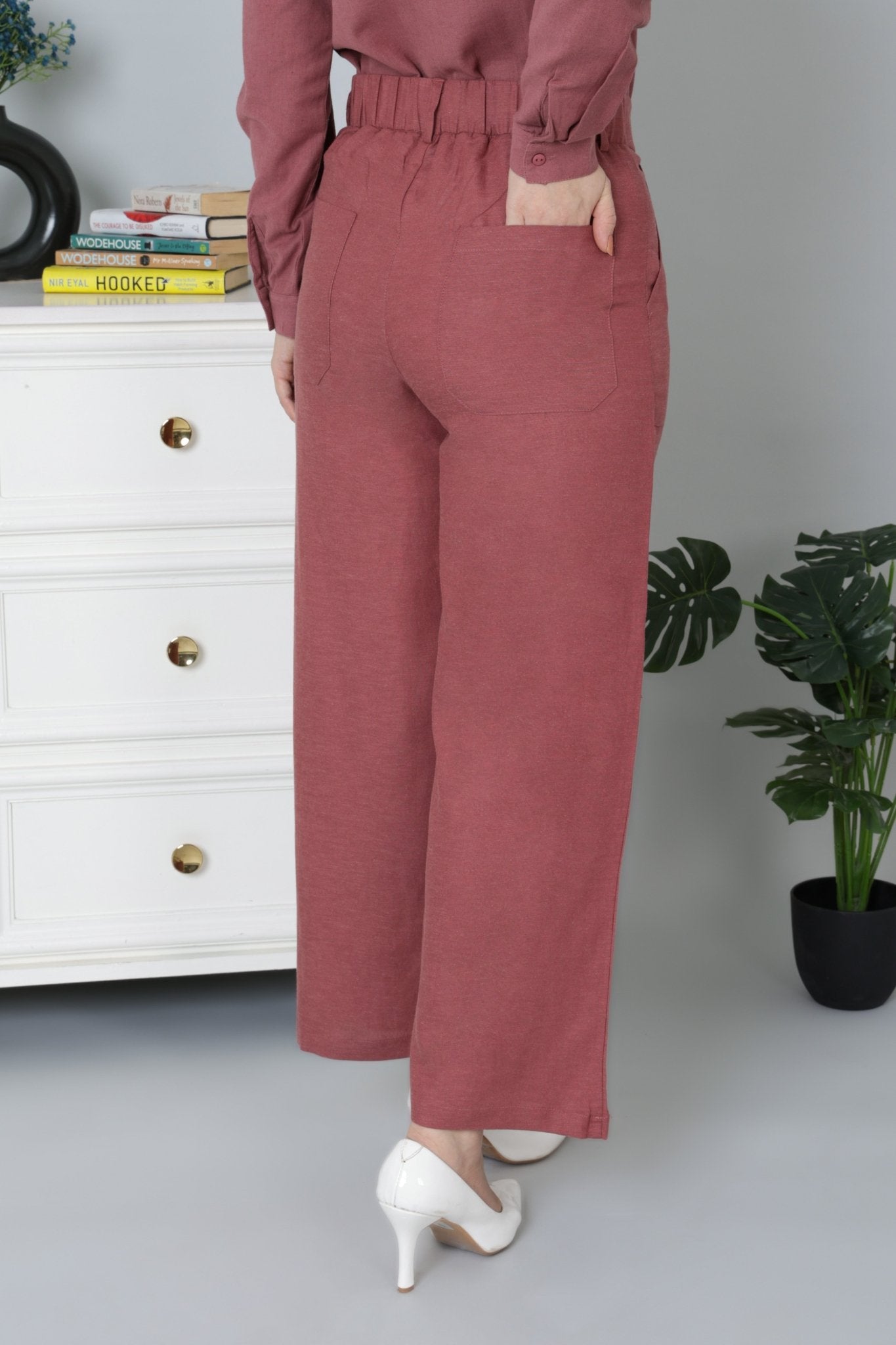 Maroon linen high waist pant -