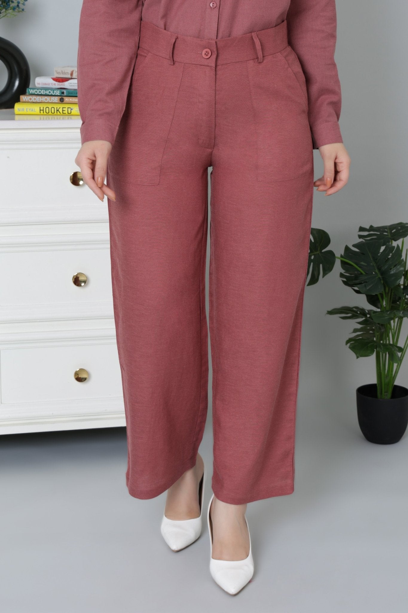 Maroon linen high waist pant -