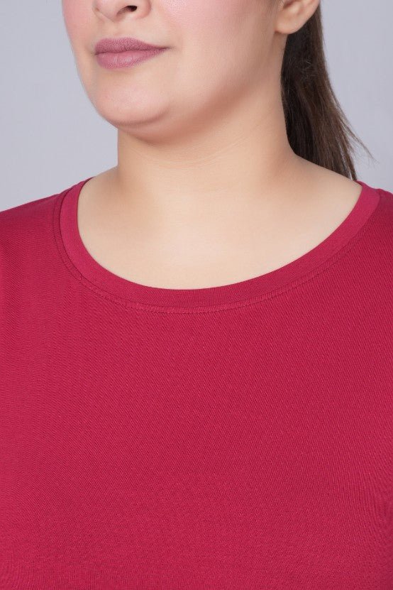 Maroon long round neck cotton t-shirt with pockets - Long cotton t-shirt